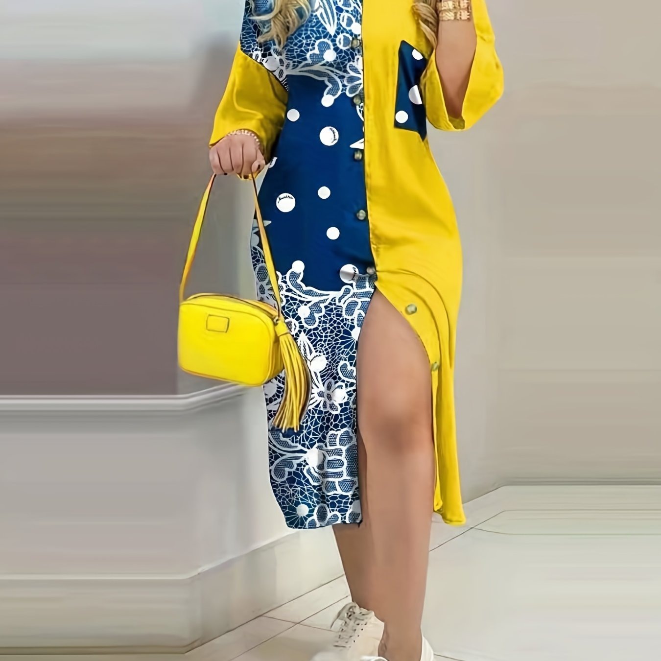 gbolsos Color Block Floral Print Shirt Dress, Casual Button Pocket Dress, Women's Clothing
