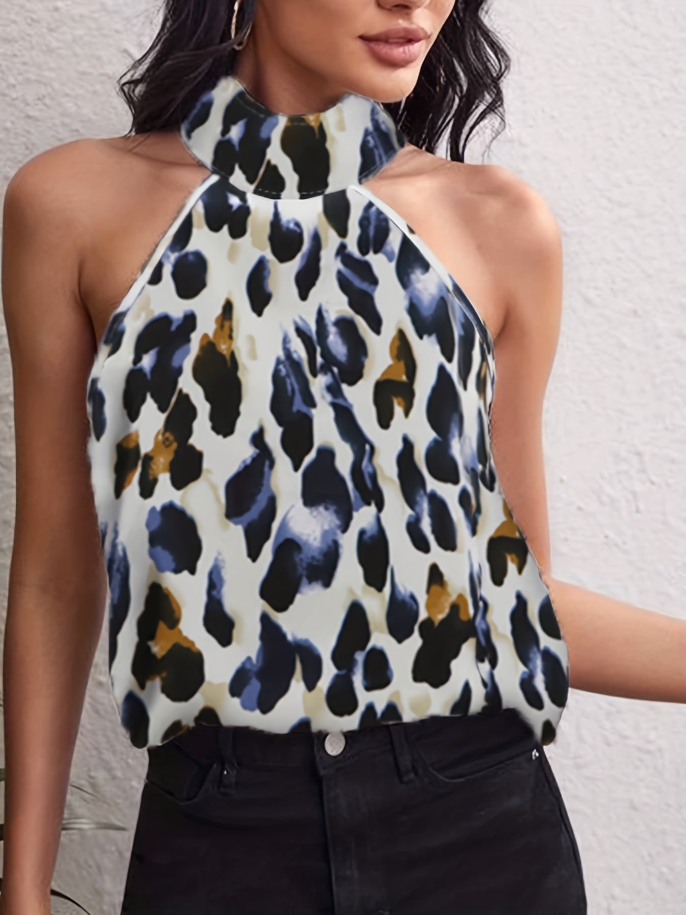 gbolsos Leopard Print High Neck Blouse, Sexy Sleeveless Ruched Blouse, Women's Clothing