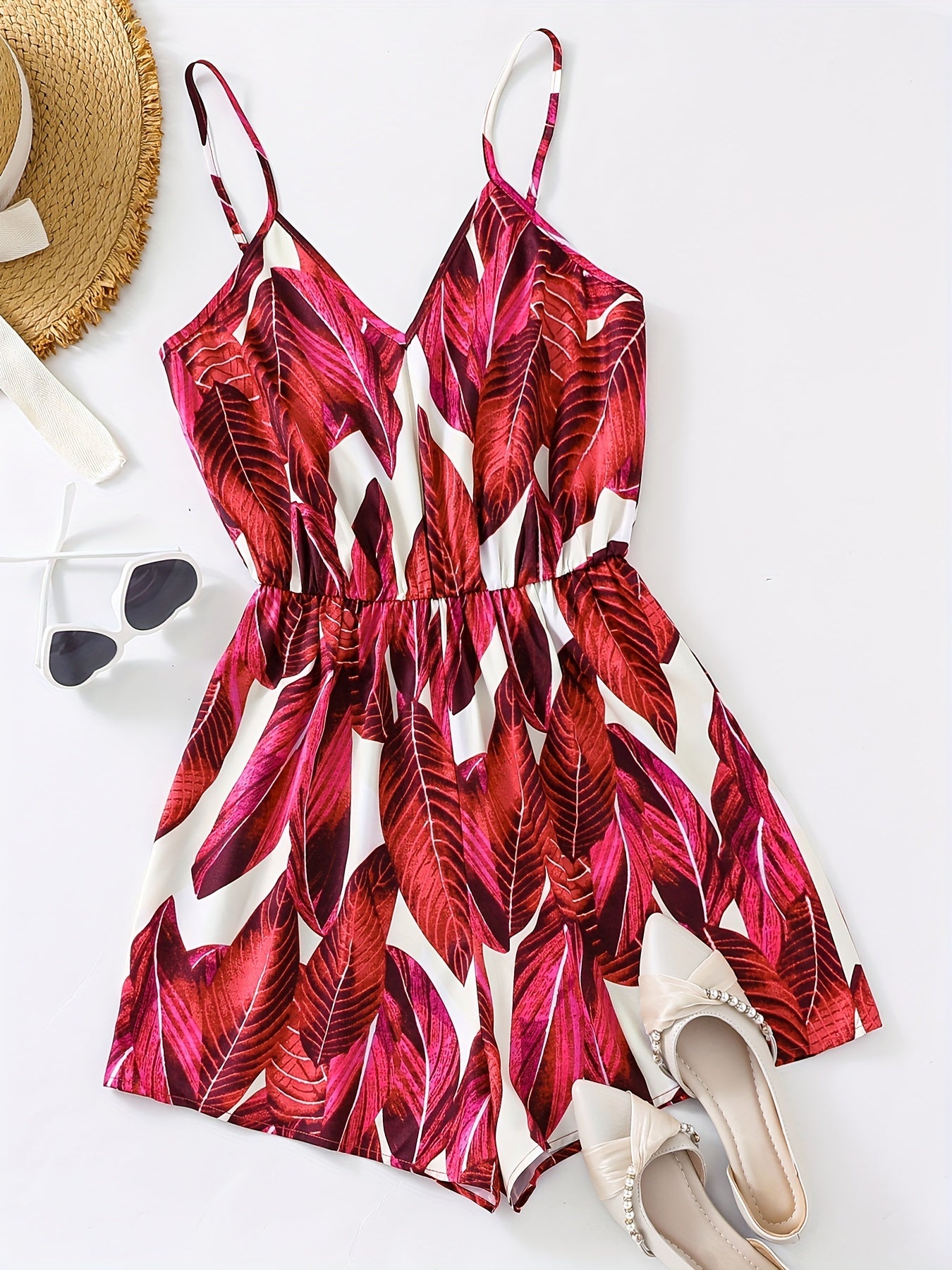 gbolsos Tropical Print V-neck Cami Romper Jumpsuit, Casual Sleeveless Romper Jumpsuit, Women's Clothing