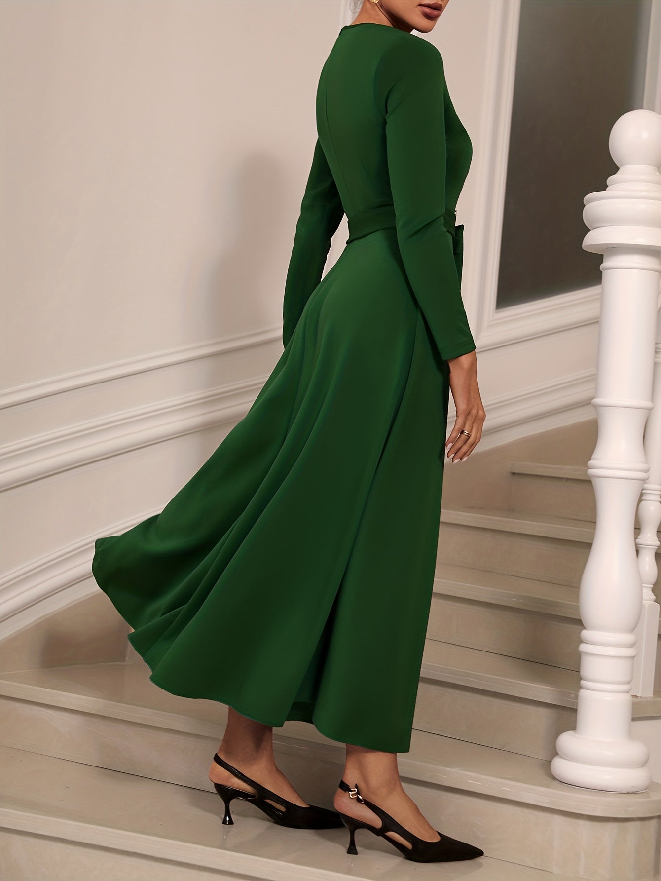 gbolsos Solid Long Sleeve Belt Dress, Elegant Crew Neck Dress For Spring & Fall, Women's Clothing