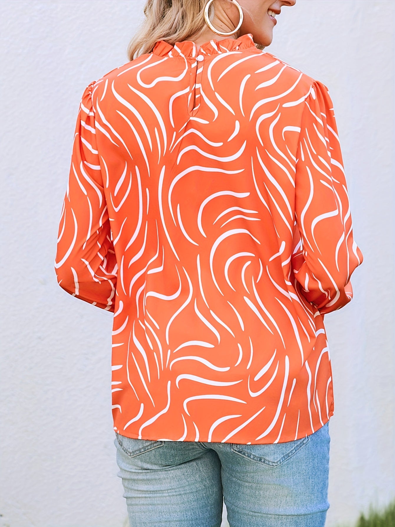 gbolsos Abstract Ripple Print Stand Collar Blouse, Casual Long Sleeve Blouse, Women's Clothing