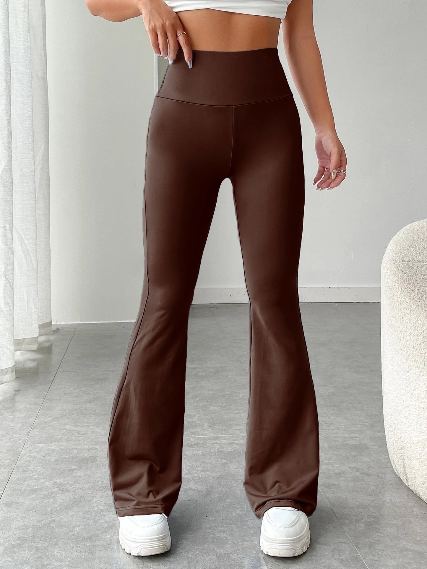 gbolsos High Waist Stretch Flared Pants, Solid Color Yoga Bootcut Pants, Women's Activewear