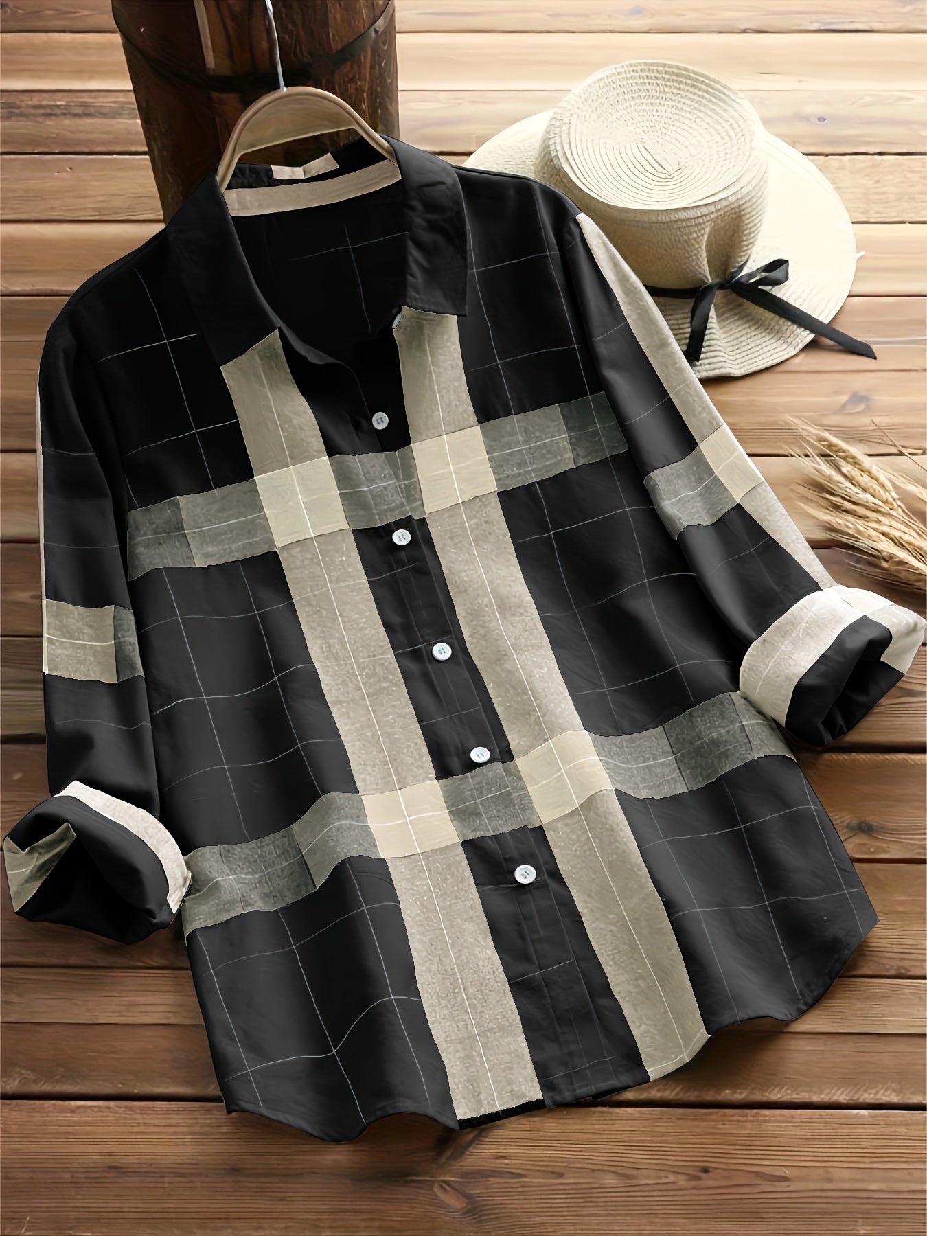 Plaid Print Shirt, Casual Button Front Long Sleeve Collar Shirt, Women's Clothing