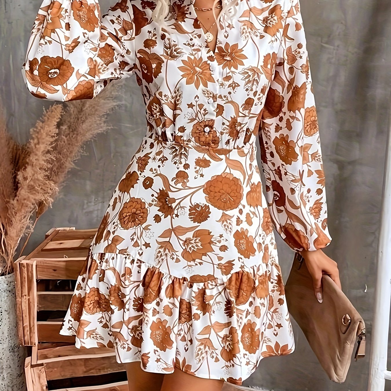Floral Print Ruffle Hem Dress, Casual Button Front Lantern Sleeve Dress, Women's Clothing
