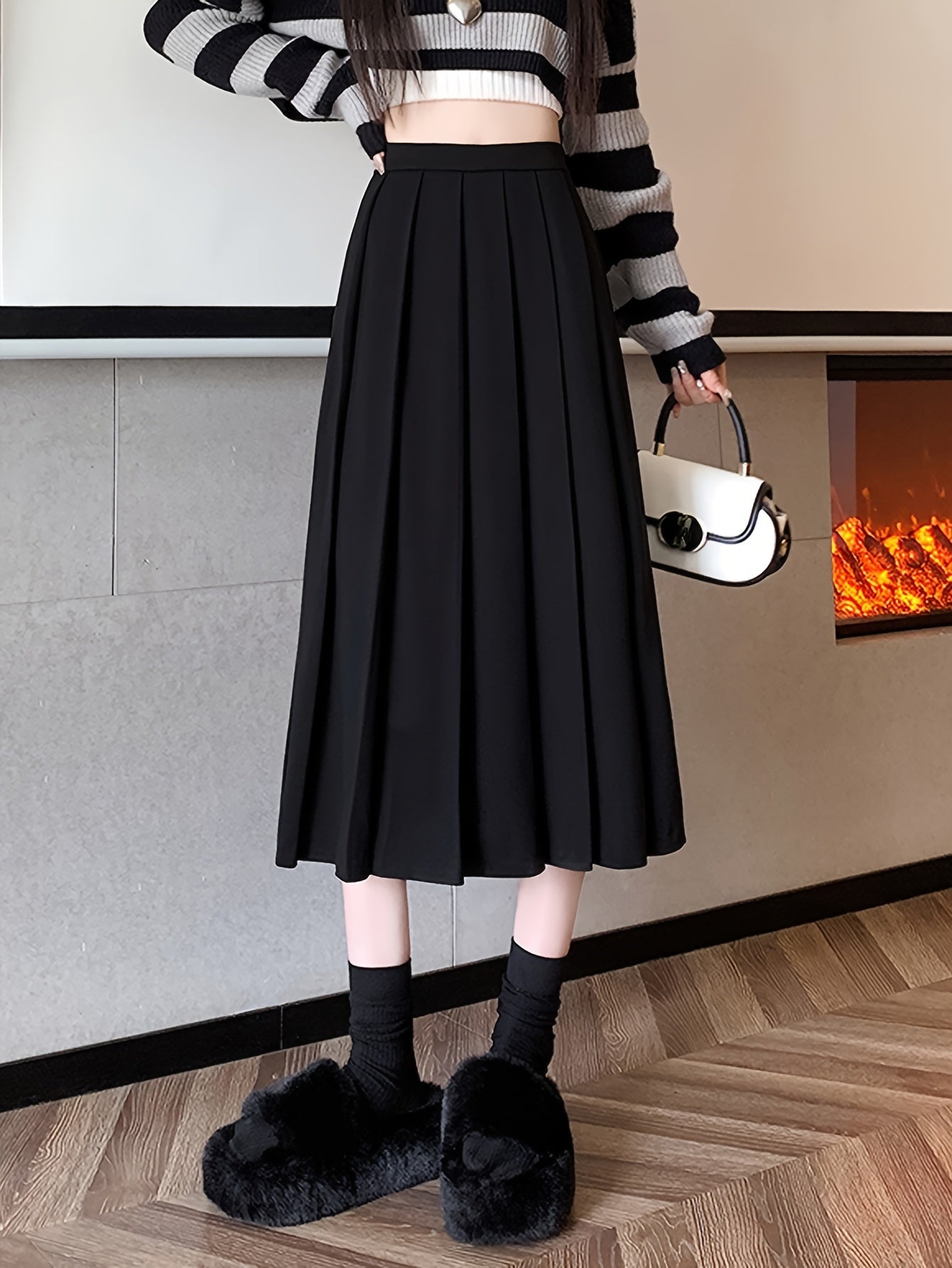 gbolsos Solid High Waist Pleated Skirt, Casual Draped A Line Midi Skirt, Women's Clothing