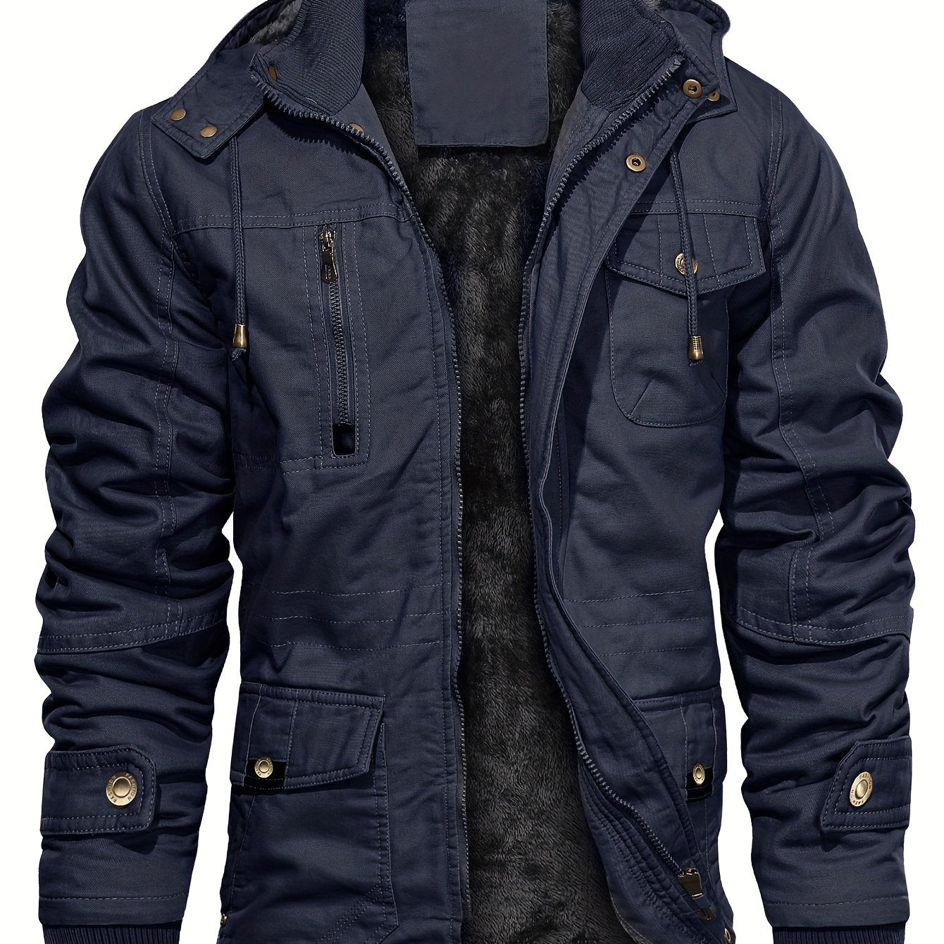 gbolsos Men's Winter Cargo Jackets Casual Thicken Multi-Pocket Outwear Fleece Lined Military Warm Coat Removable Hood