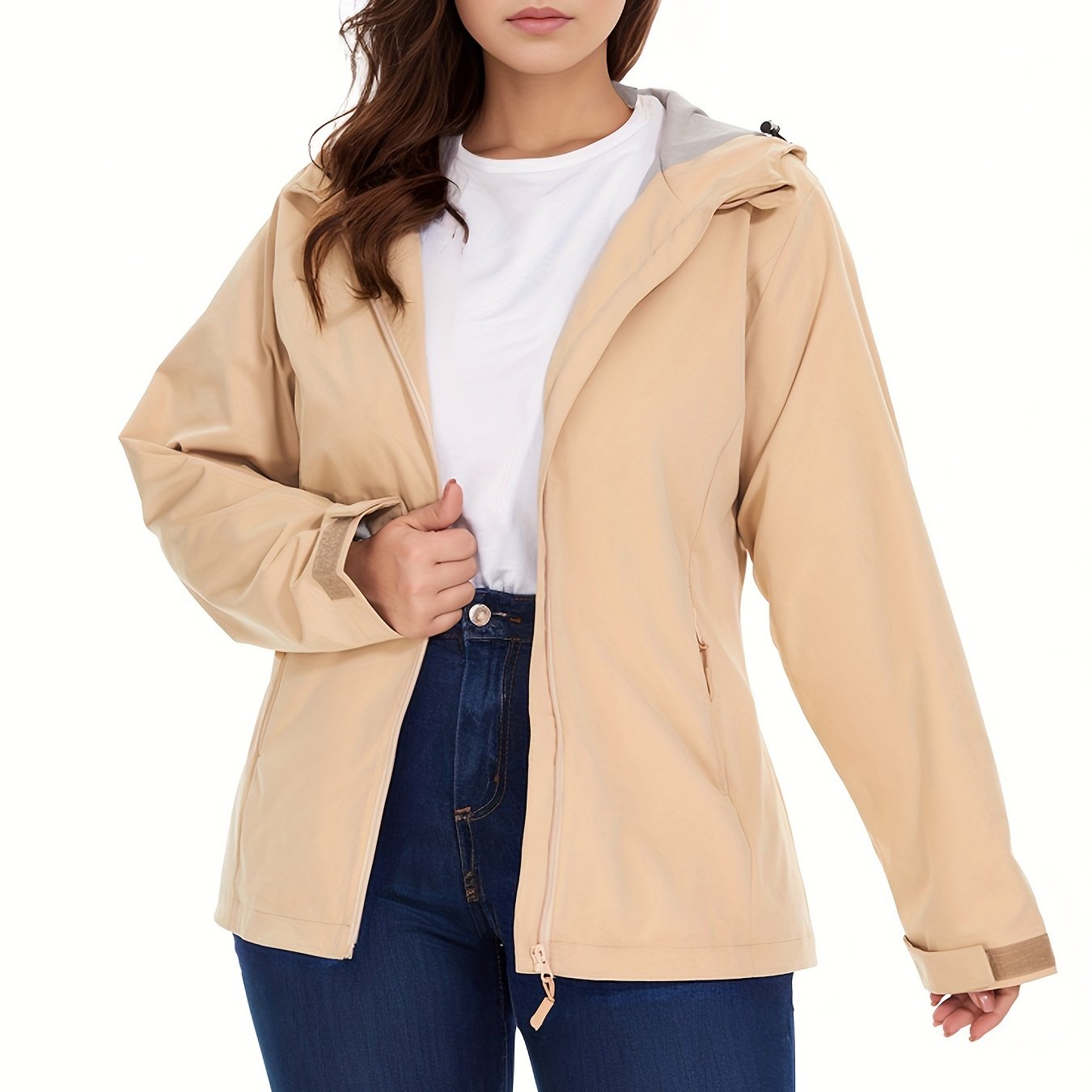 gbolsos Solid Zip Up Hooded Jacket, Casual Long Sleeve Versatile Outerwear, Women's Clothing