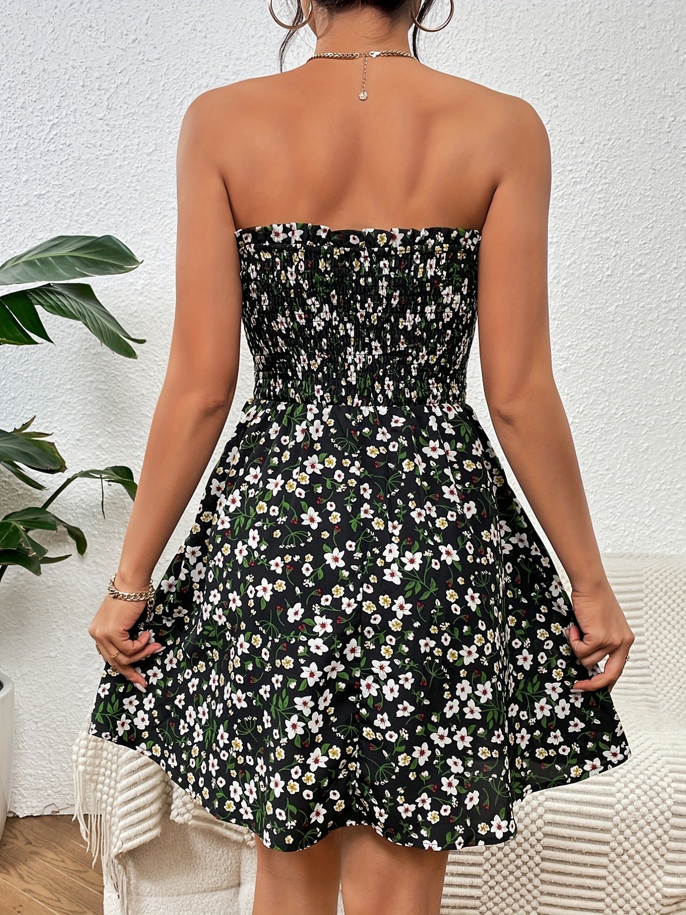 gbolsos Ditsy Floral Print Tube Dress, Romantic Backless Shirred Ruffle Trim Dress, Women's Clothing