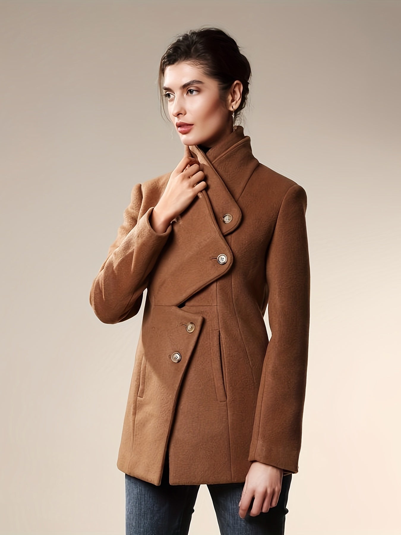 gbolsos Button Front Wrap Coat, Elegant Long Sleeve Lapel Coat For Fall & Winter, Women's Clothing