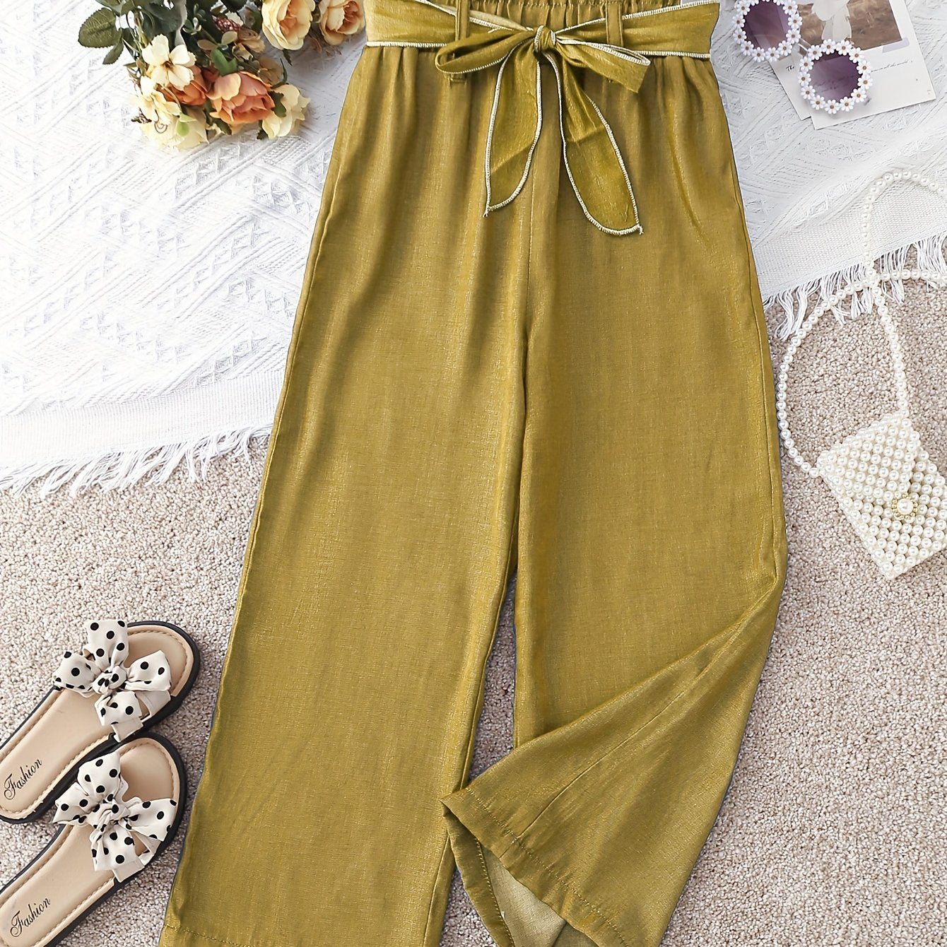 gbolsos Girls' Cosy Faux Denim Print Wide Leg Casual Pants Trousers With Belt For Spring/Summer/Fall