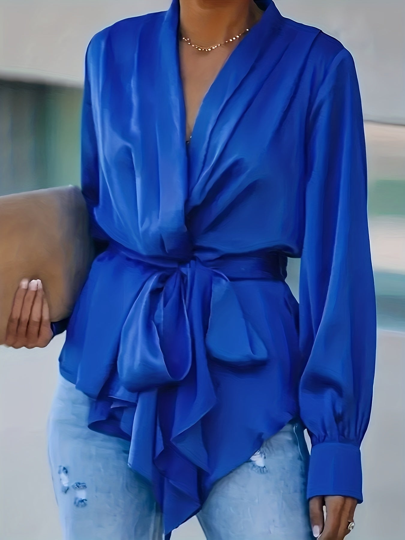 gbolsos Solid Ruched Belted Blouse, Casual Irregular Hem Long Sleeve Blouse For Spring & Fall, Women's Clothing