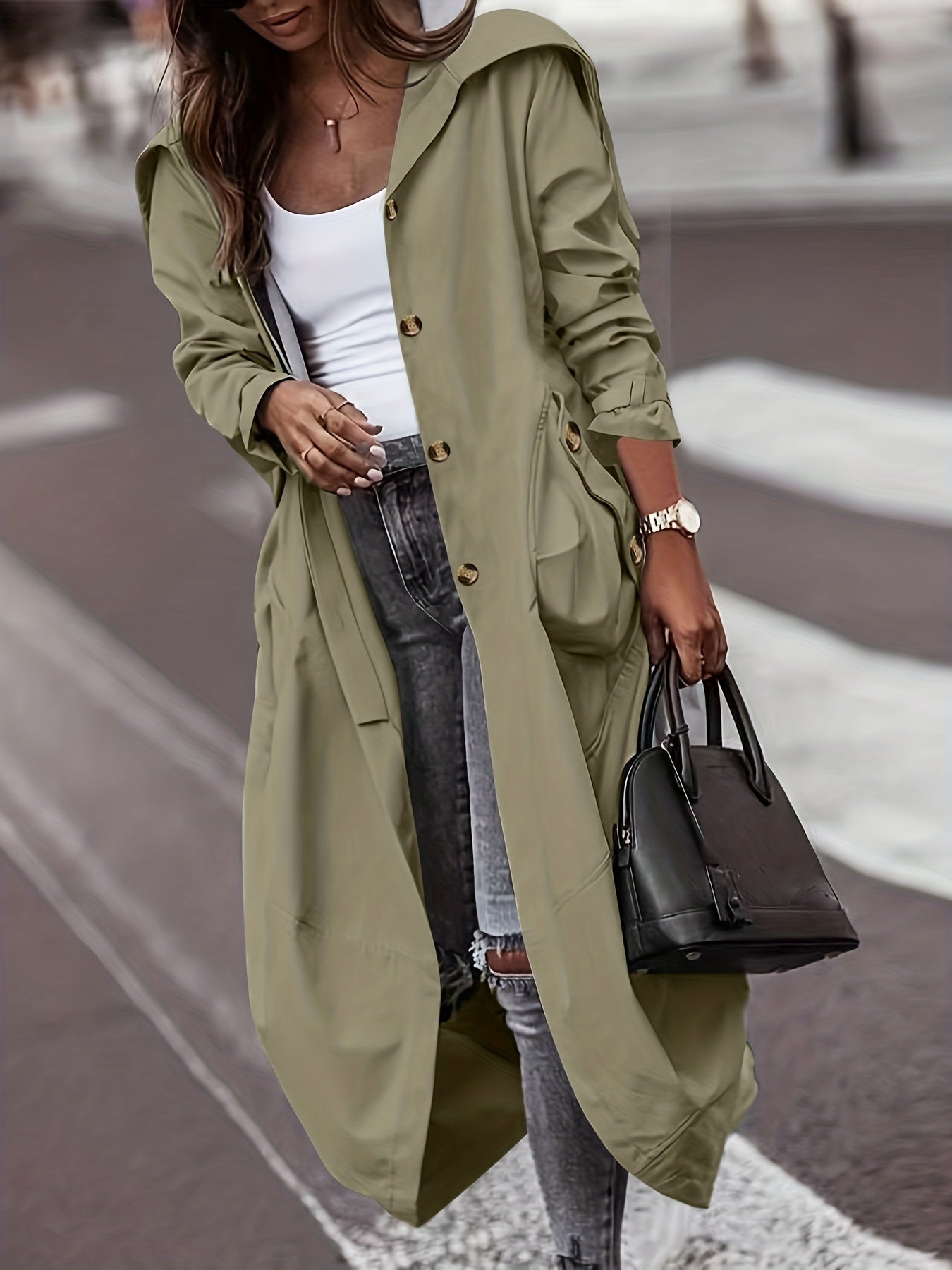 gbolsos Plus Size Casual Coat, Women's Plus Solid Button Up Long Sleeve Hooded Overcoat With Big Pockets