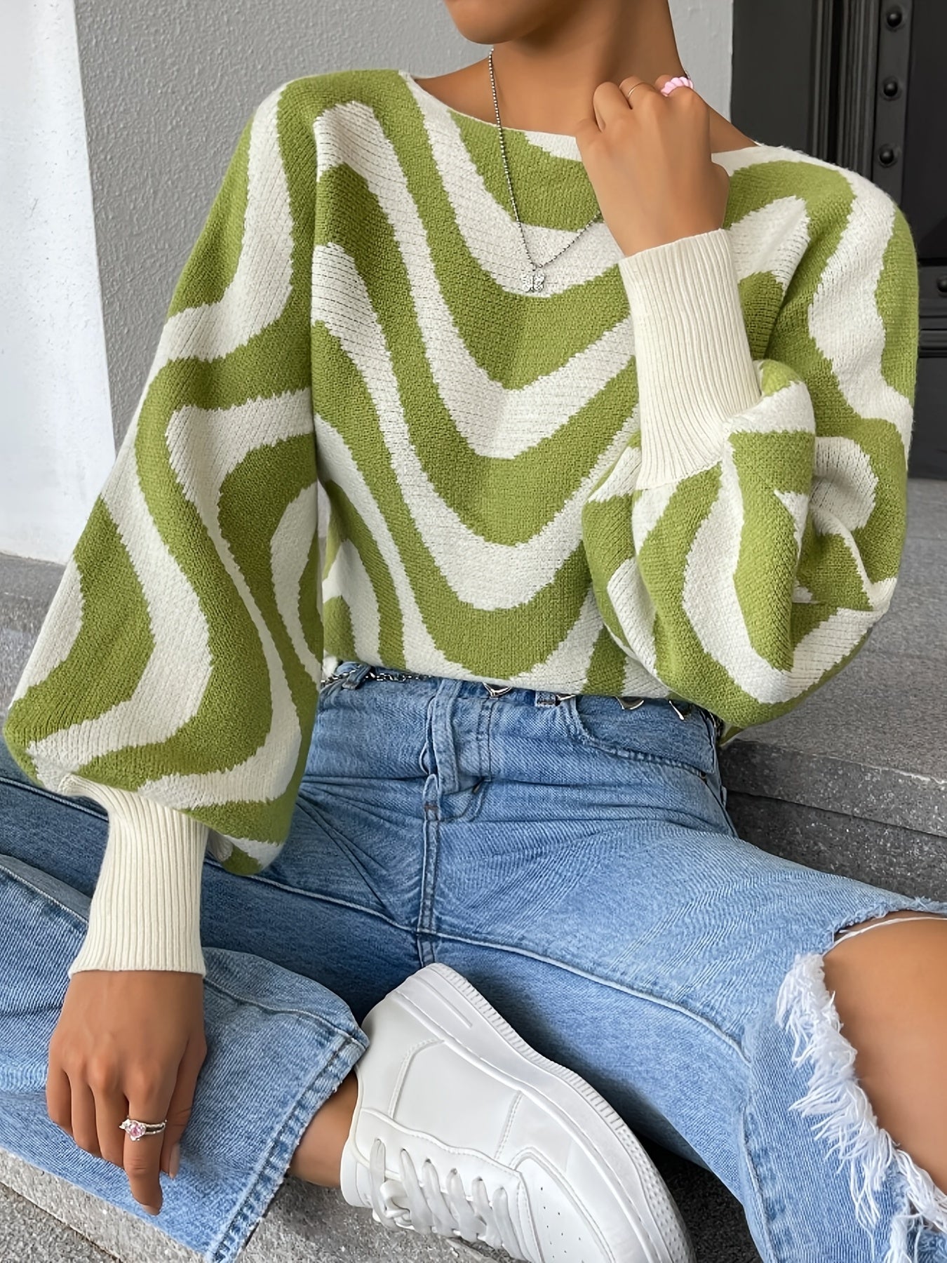 gbolsos Striped Boat Neck Pullover Sweater, Casual Lantern Sleeve Slim Sweater, Women's Clothing