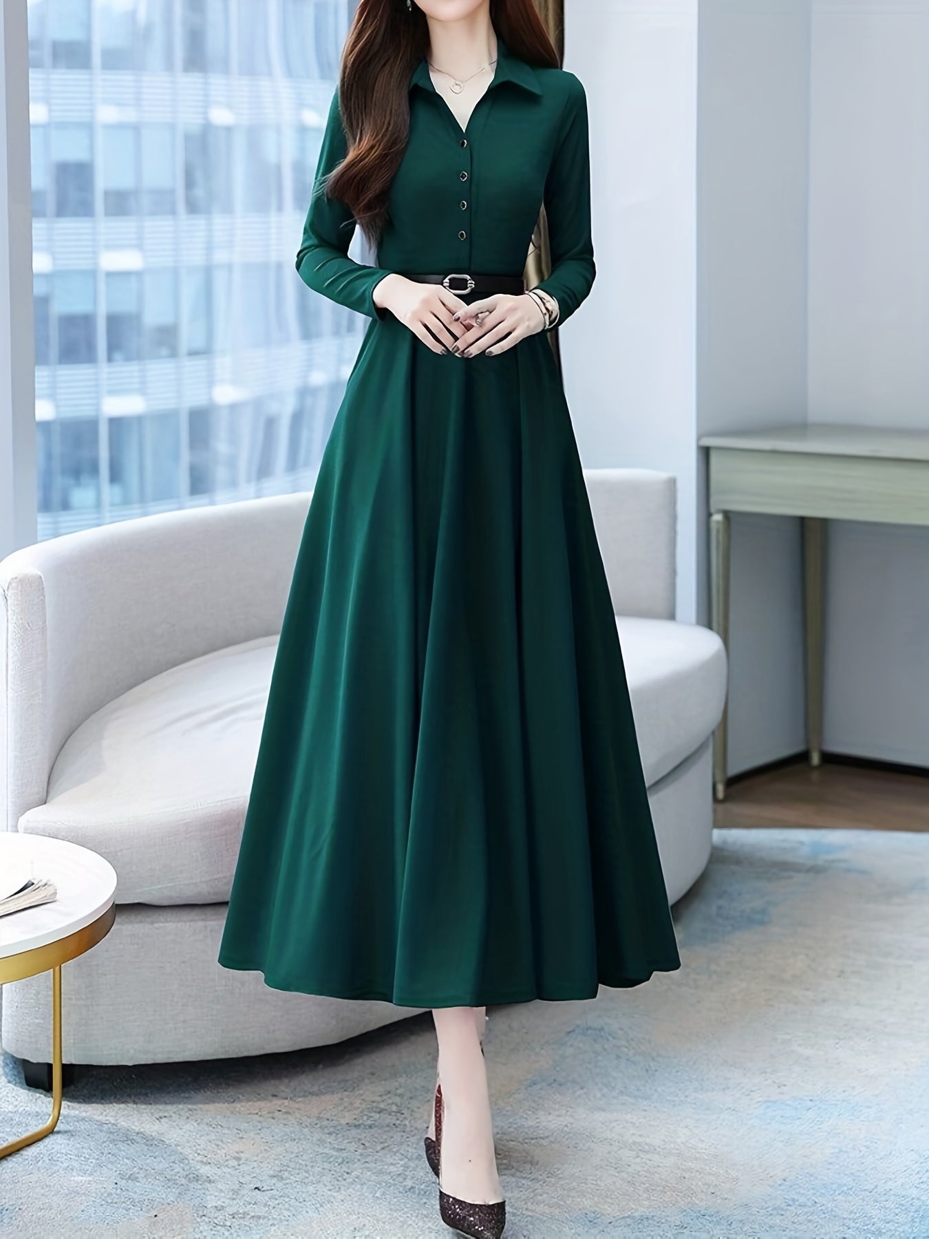 gbolsos Solid Buttons Dress, Vintage High Waist Long Sleeve Pleated Dress, Women's Clothing