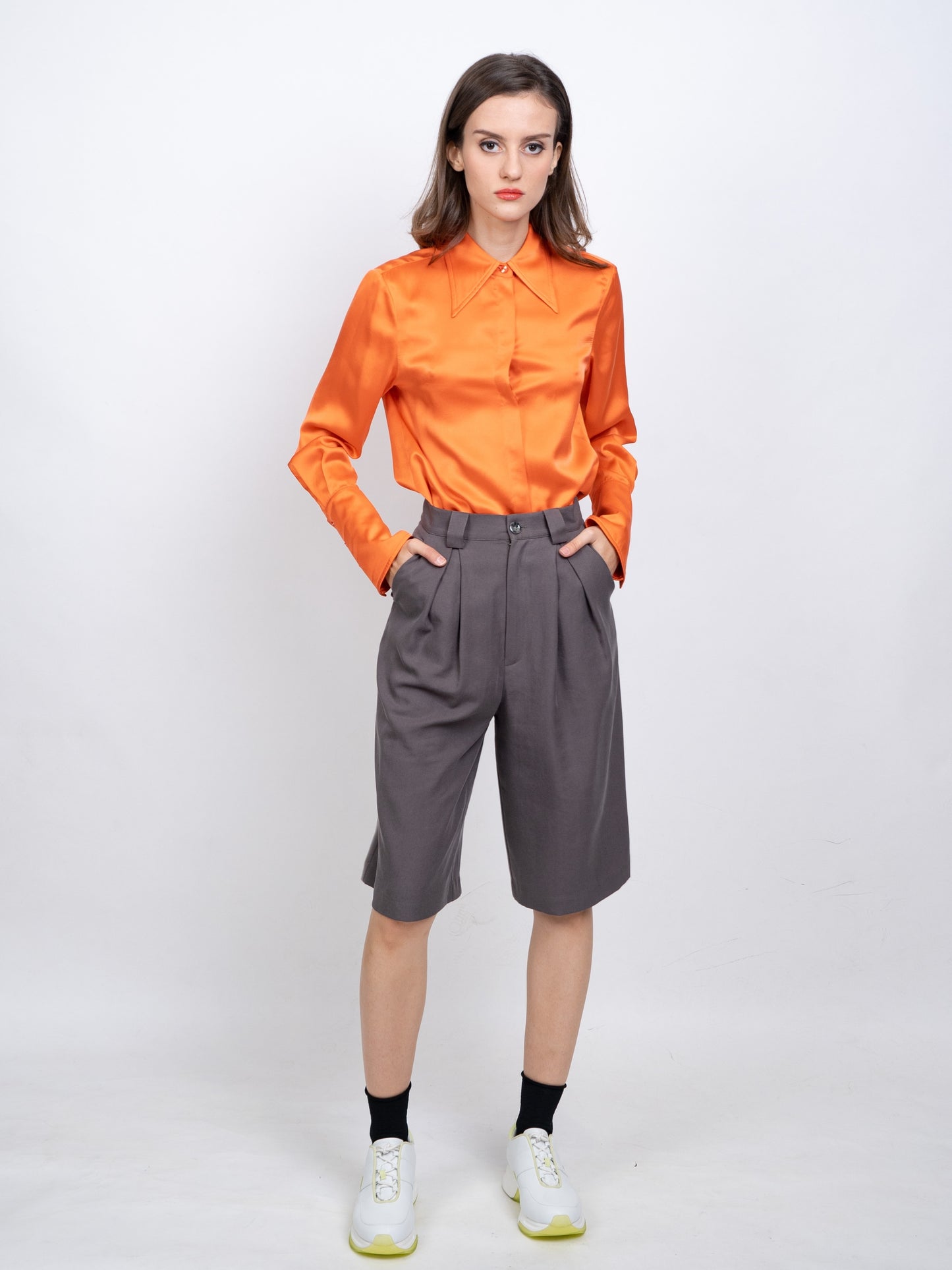 gbolsos Ruched Knee Length Suit Shorts, Solid Wide Leg Pleat Front Tailored Shorts With Pockets, Women's Clothing