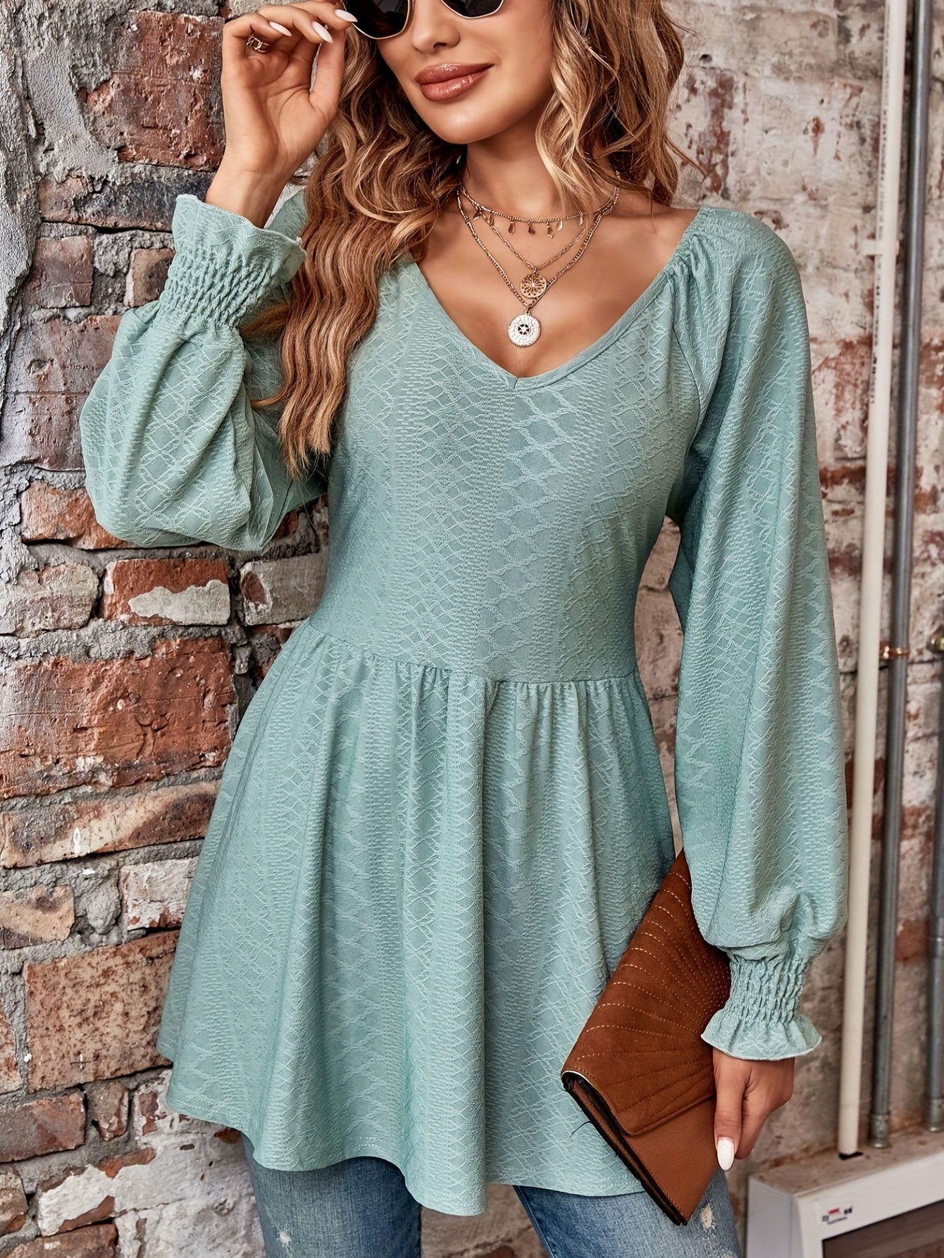 Solid Ruched Mini Dress, Casual Shirred Long Sleeve Dress, Women's Clothing