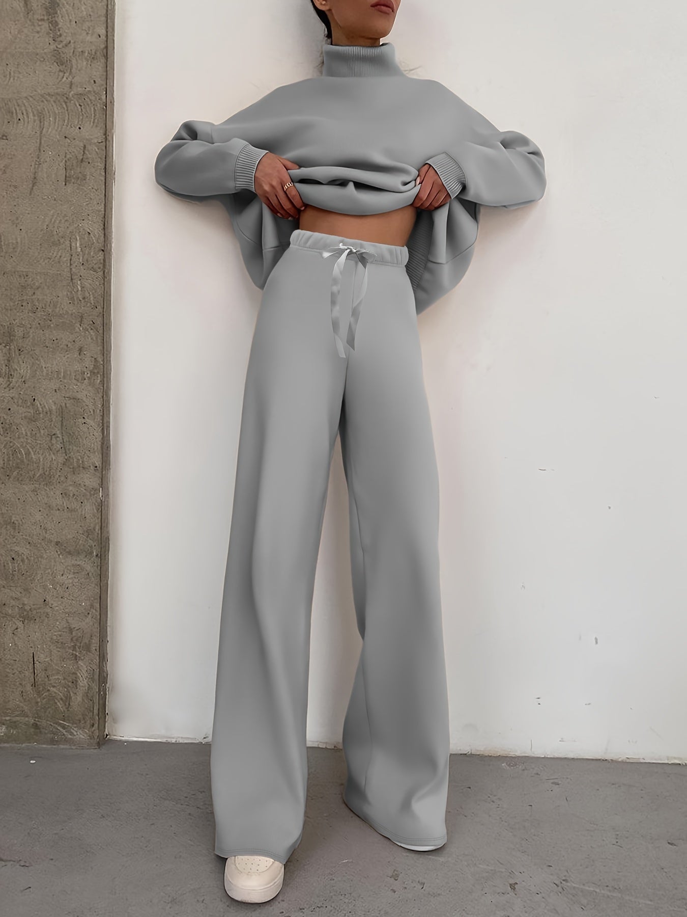 gbolsos Casual Solid Two-piece Set, High Neck Top & Drawstring Pants Outfits, Women's Clothing