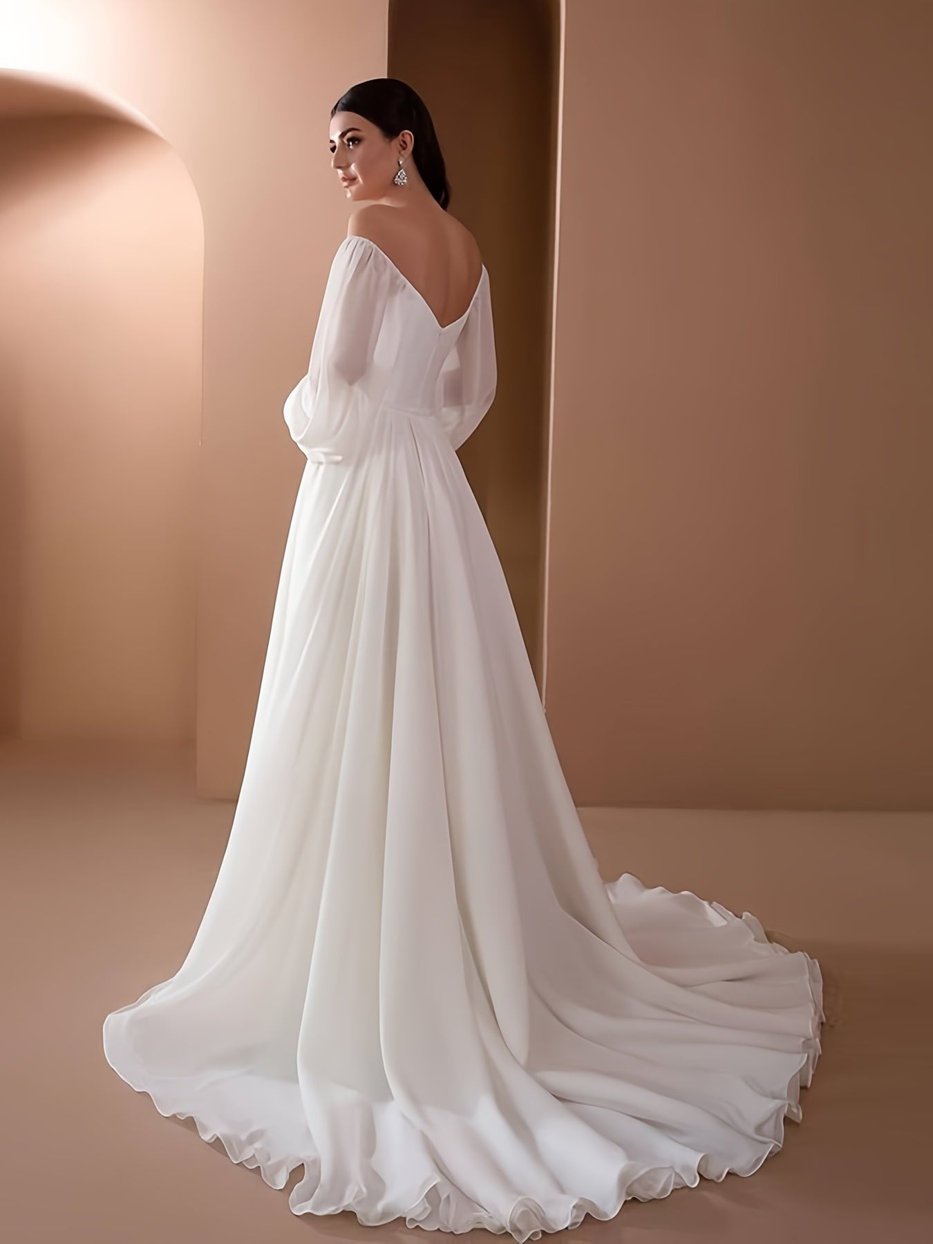 gbolsos Off Shoulder Gown Wedding Dresses, Elegant Solid Ruched Mopping High Waist Dress For Wedding Party, Women's Clothing