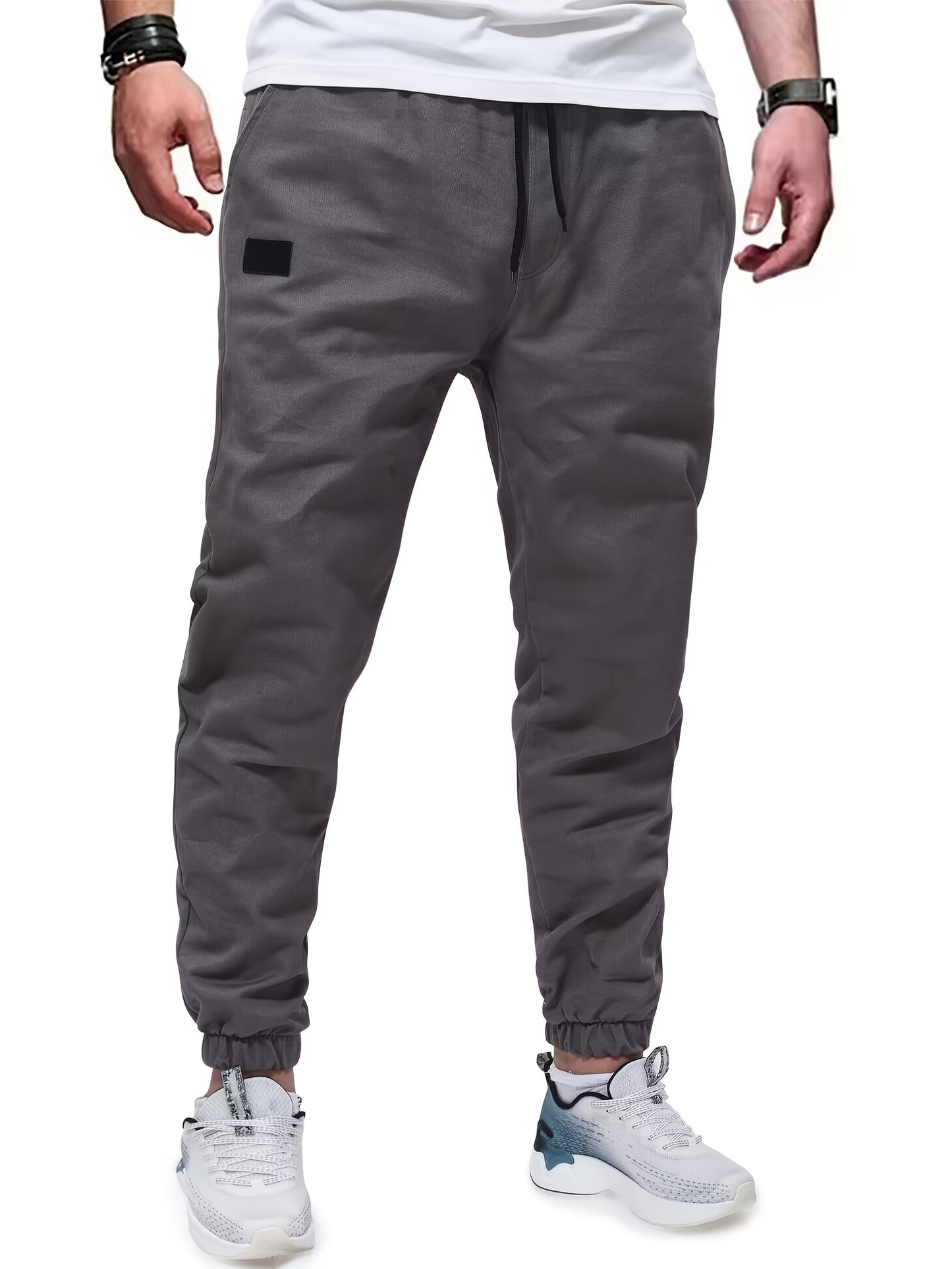 gbolsos Woven Cotton Blend Joggers, Men's Casual Solid Color Slightly Stretch Drawstring Pants For Spring Summer