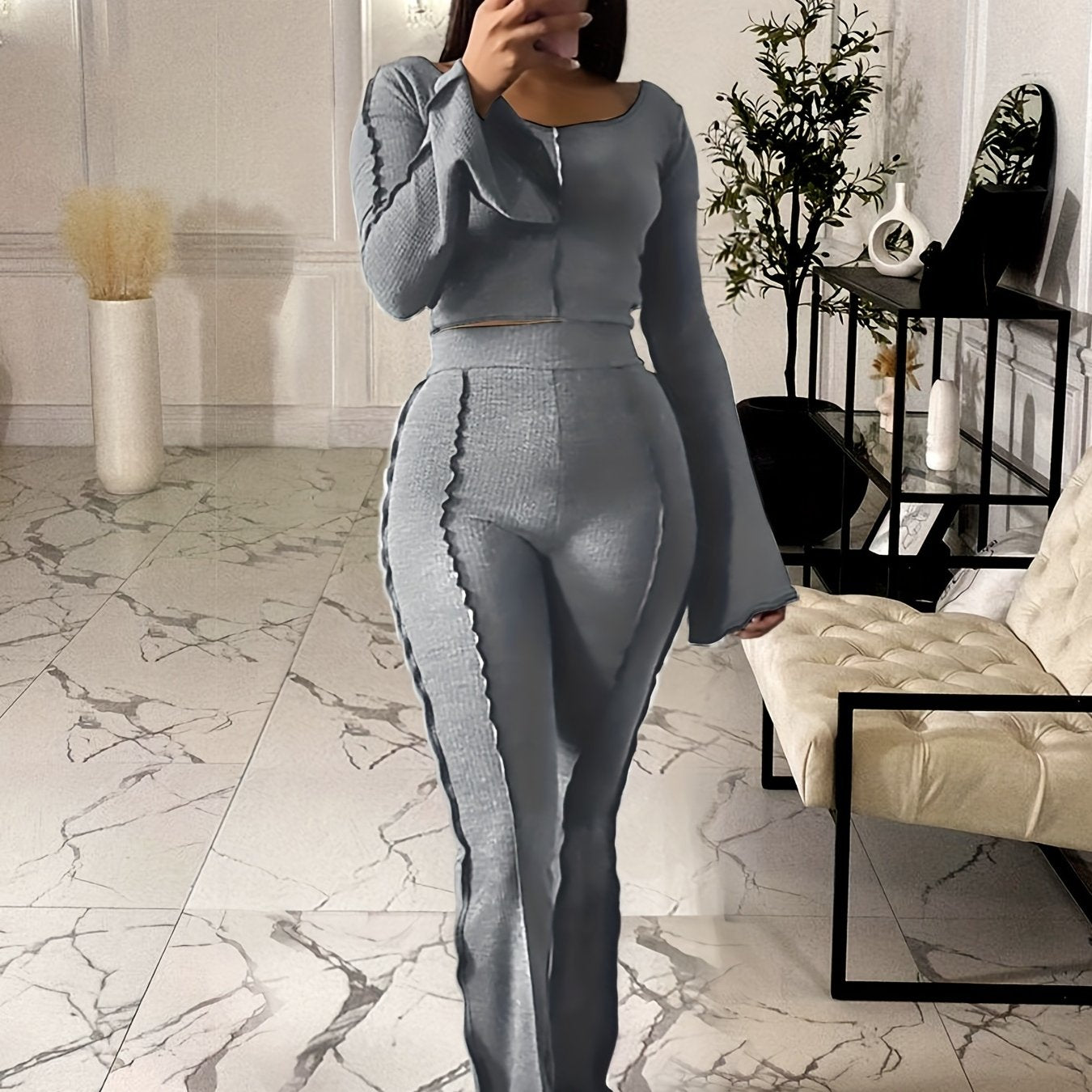 Solid Rib Two-piece Set, Flared Sleeve Crew Neck Tops & High Waist Long Length Pants Outfits, Women's Clothing