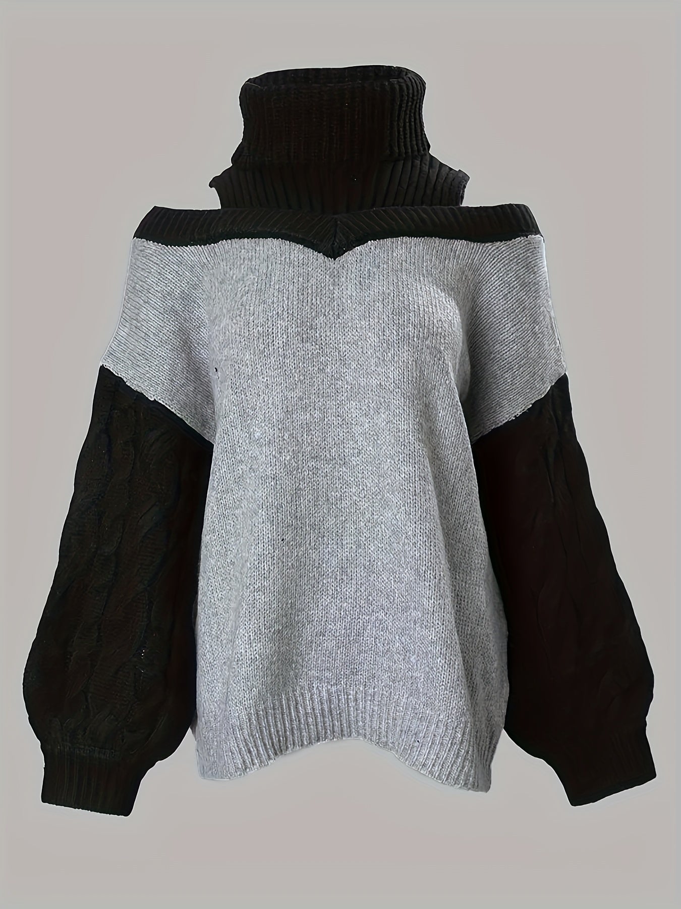 gbolsos Color Block Cold Shoulder Sweater, Elegant Turtleneck Lantern Sleeve Sweater, Women's Clothing