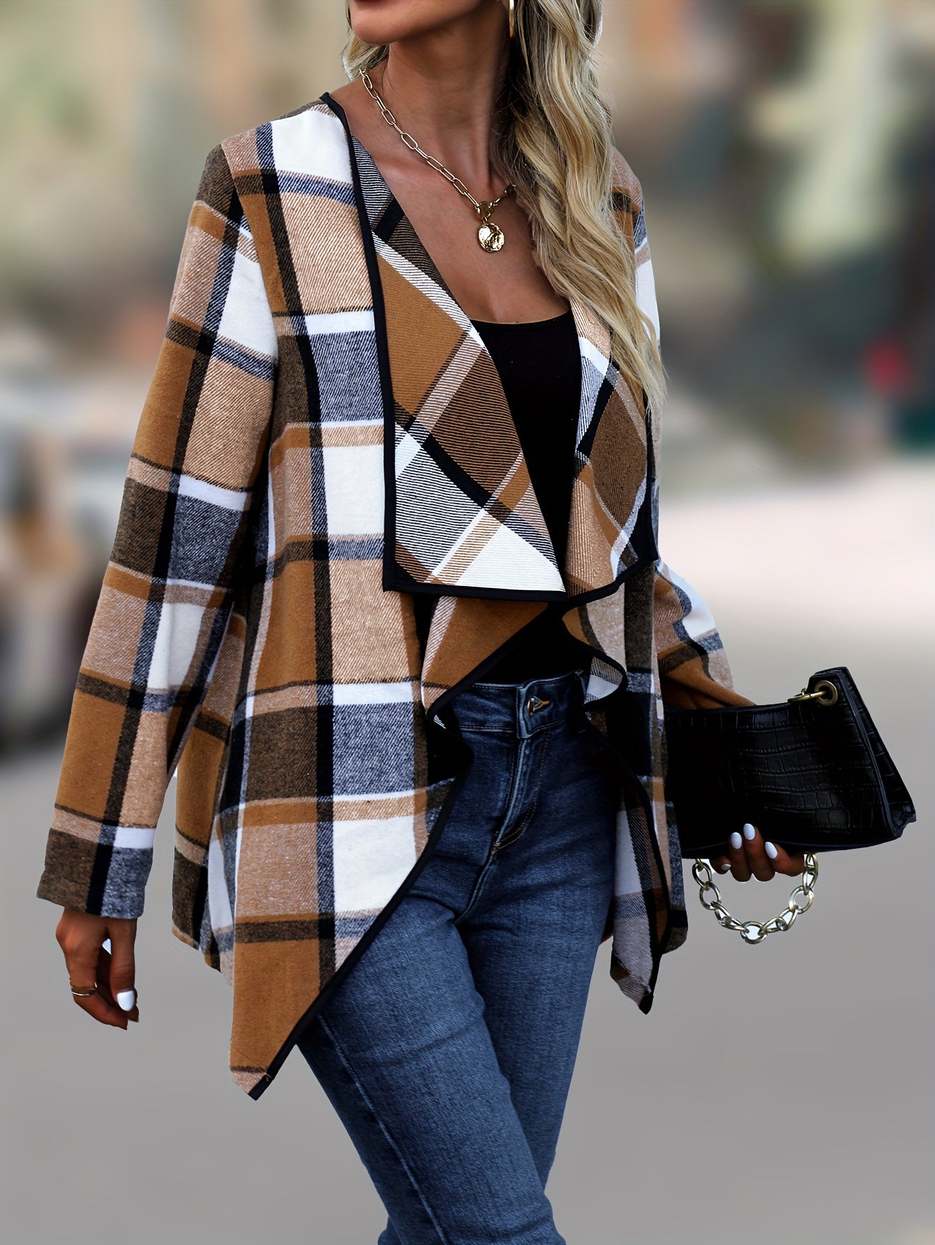 gbolsos Plaid Print Open Front Coat, Elegant Long Sleeve Outwear For Spring & Fall, Women's Clothing