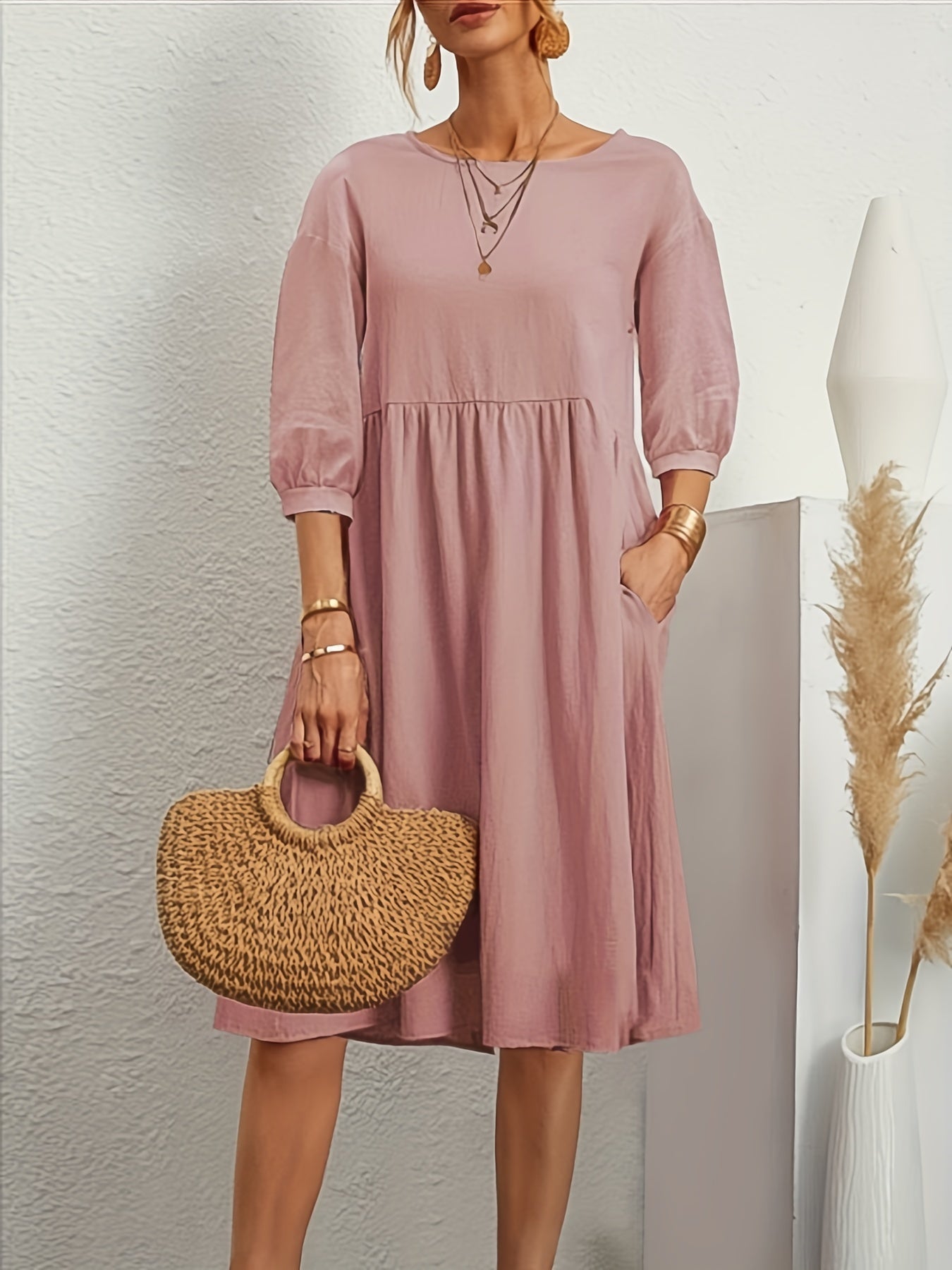 Lantern Sleeve Pocket Dress, Casual Crew Neck Half Sleeve Dress, Women's Clothing