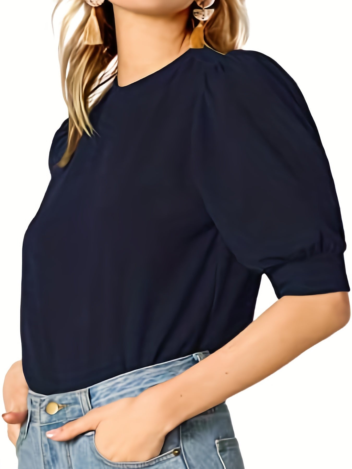 Solid Keyhole Blouse, Casual Crew Neck Short Sleeve Simple Blouse, Women's Clothing