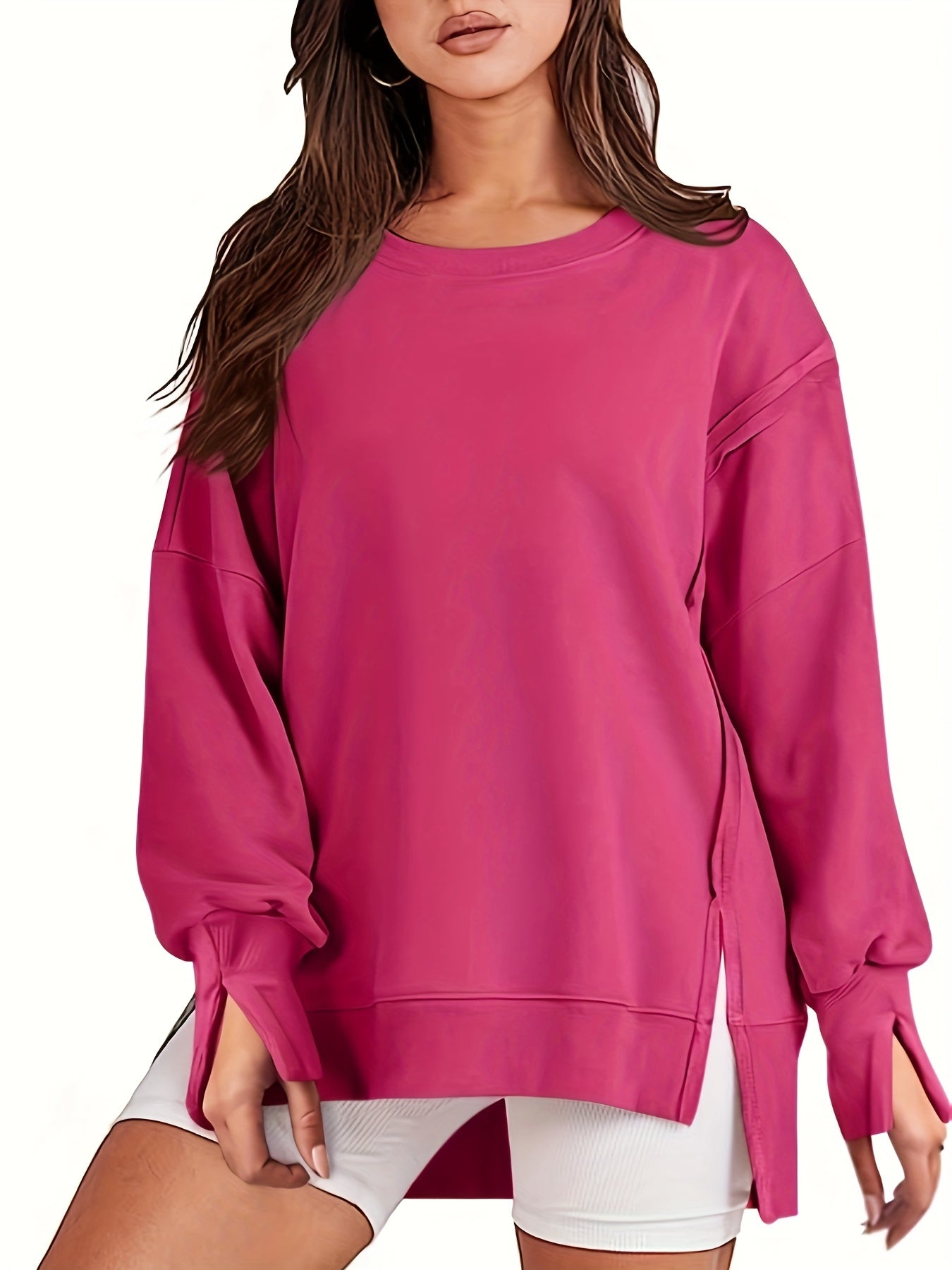 Top-stitching Dipped Hem Pullover Sweatshirt, Casual Long Sleeve Crew Neck Sweatshirt For Fall & Winter, Women's Clothing