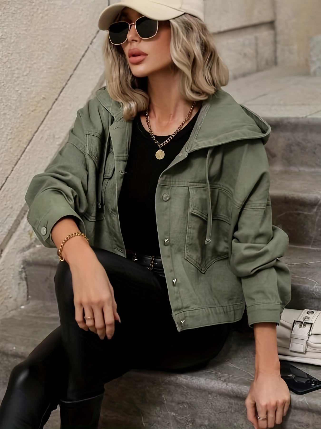 gbolsos Green Long Sleeves Denim Jackets, Flap Pockets Non-Stretch Hooded Denim Coats, Women's Denim Clothing