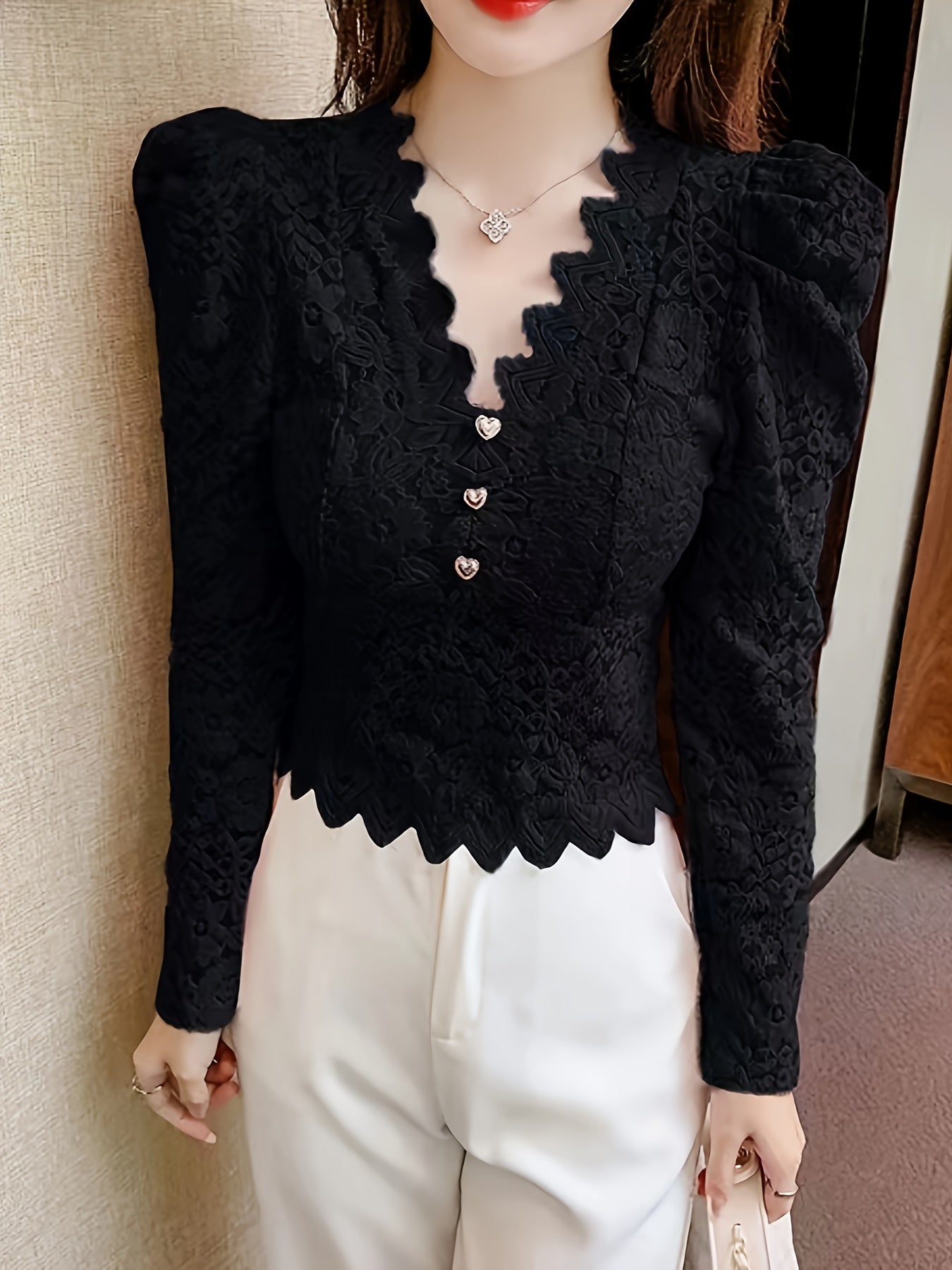 gbolsos Floral Pattern Heart Button Decor Lace T-Shirt, Elegant V Neck Long Sleeve Top For Spring & Fall, Women's Clothing