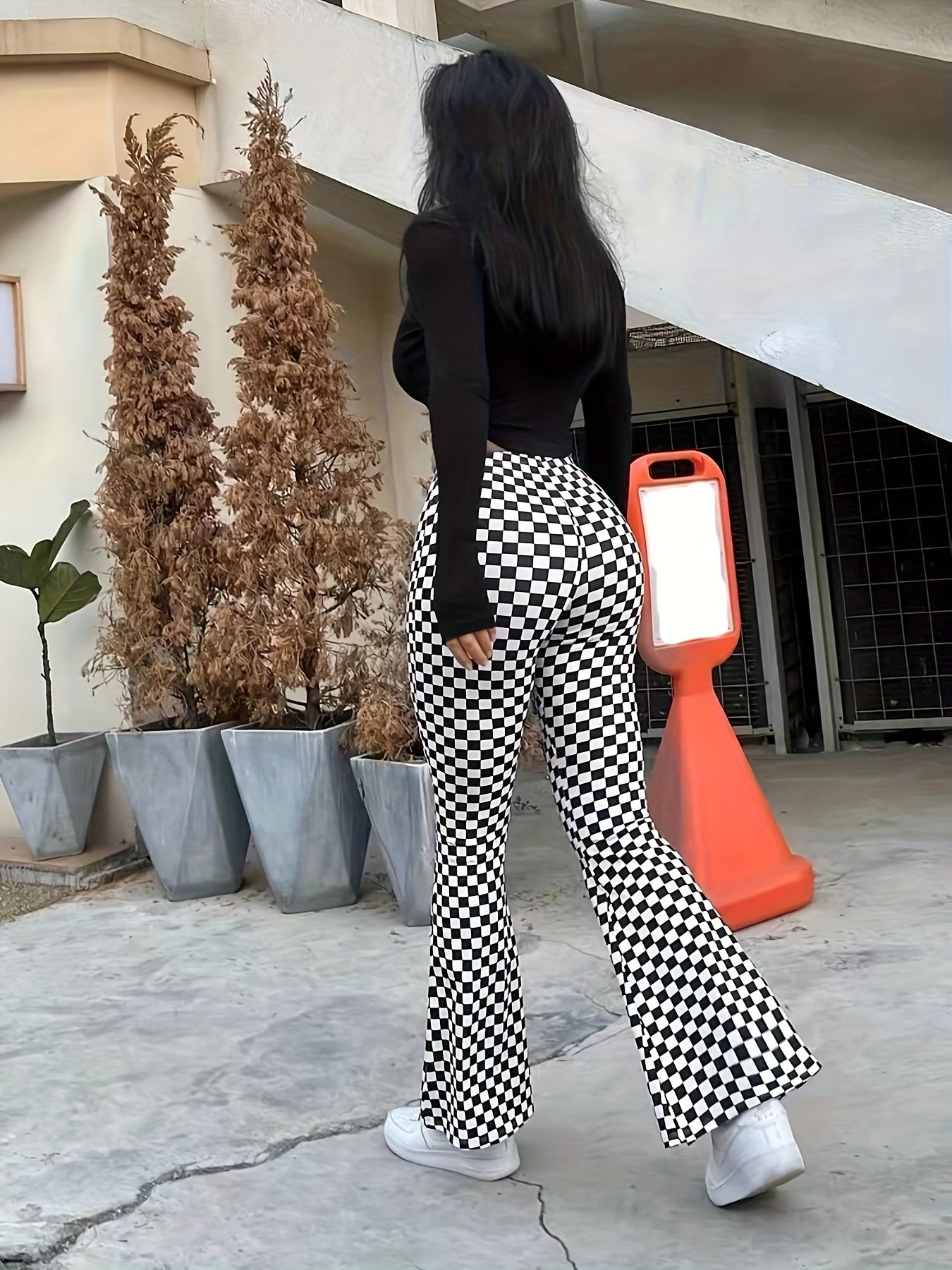 gbolsos Checkerboard Print Flare Leg Pants, Casual High Waist Pants, Women's Clothing