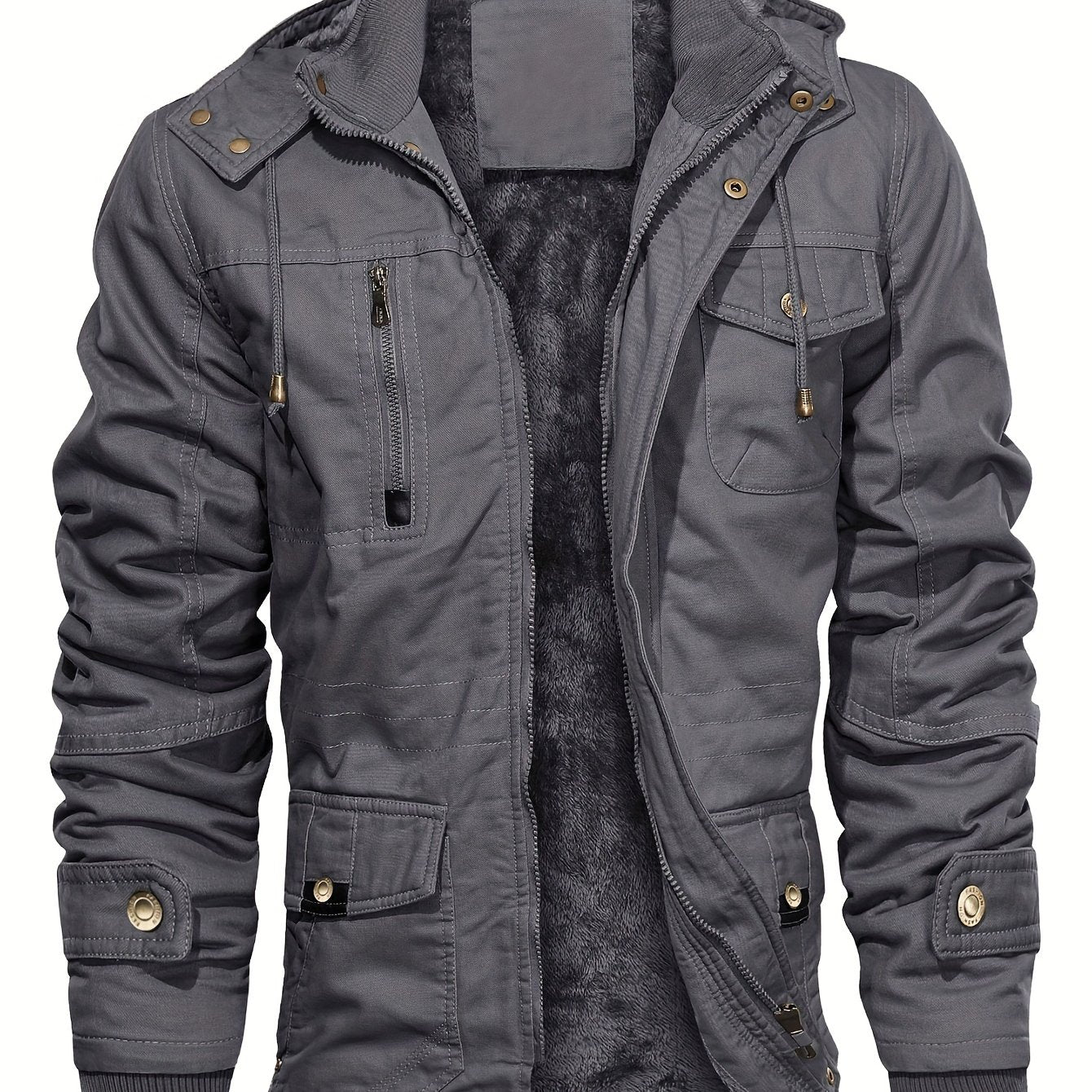 gbolsos Men's Winter Cargo Jackets Casual Thicken Multi-Pocket Outwear Fleece Lined Military Warm Coat Removable Hood