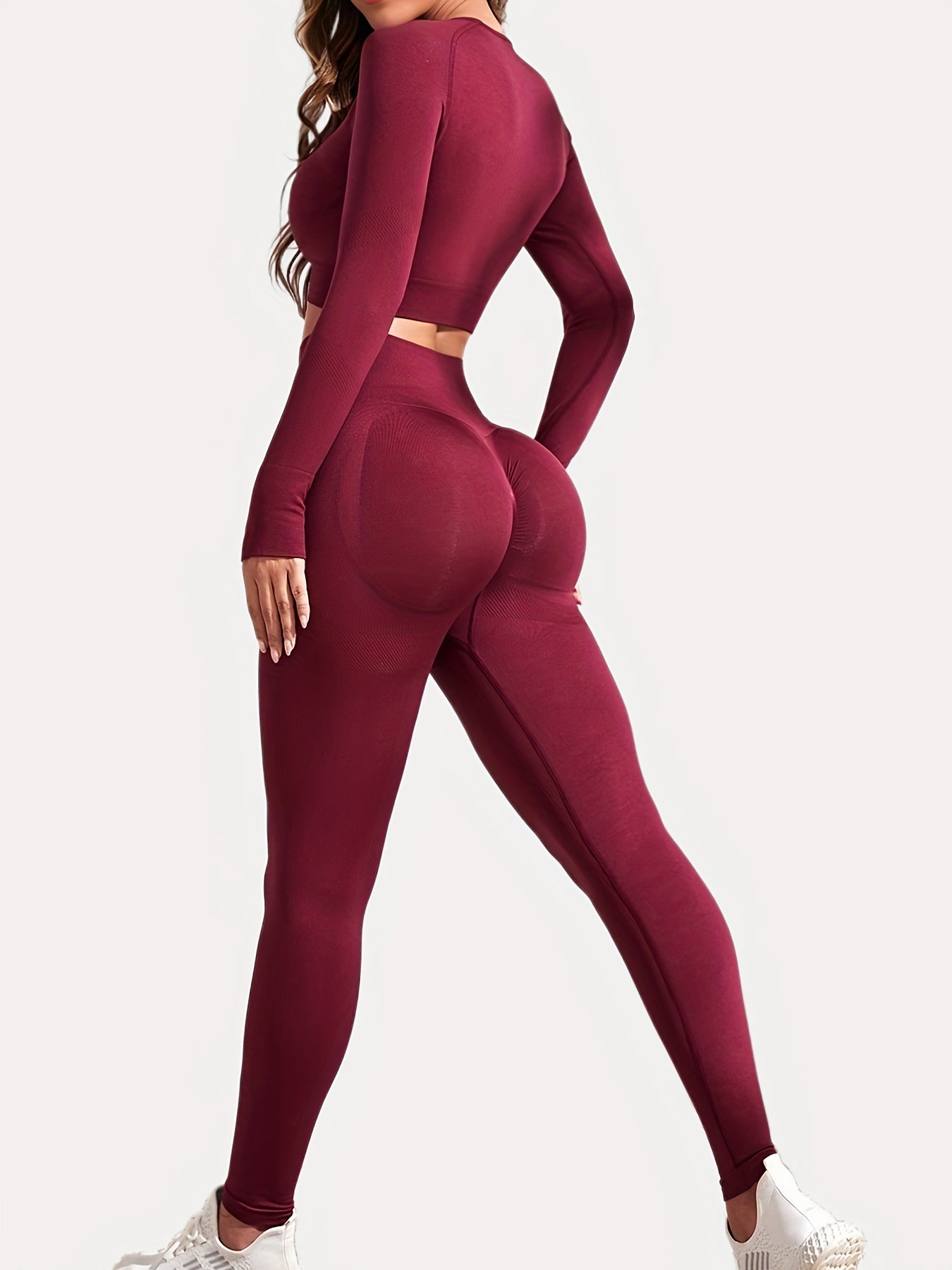 gbolsos Women's Yoga Sports Suits, Seamless Stretchy Fitness Suits, Long Sleeve Thumb Hole Cropped Top & Slimming Leggings, Women's Activewear