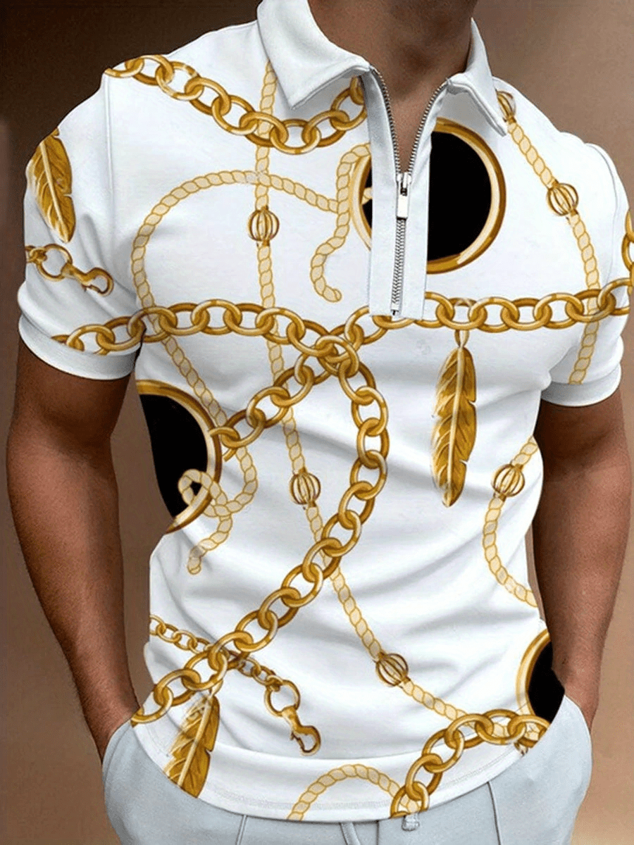 Cartoon Chain Casual Short Sleeves Polo Shirts, Zipper V-neck Tee, Men's Comfortable Slim Tops Summer Clothing