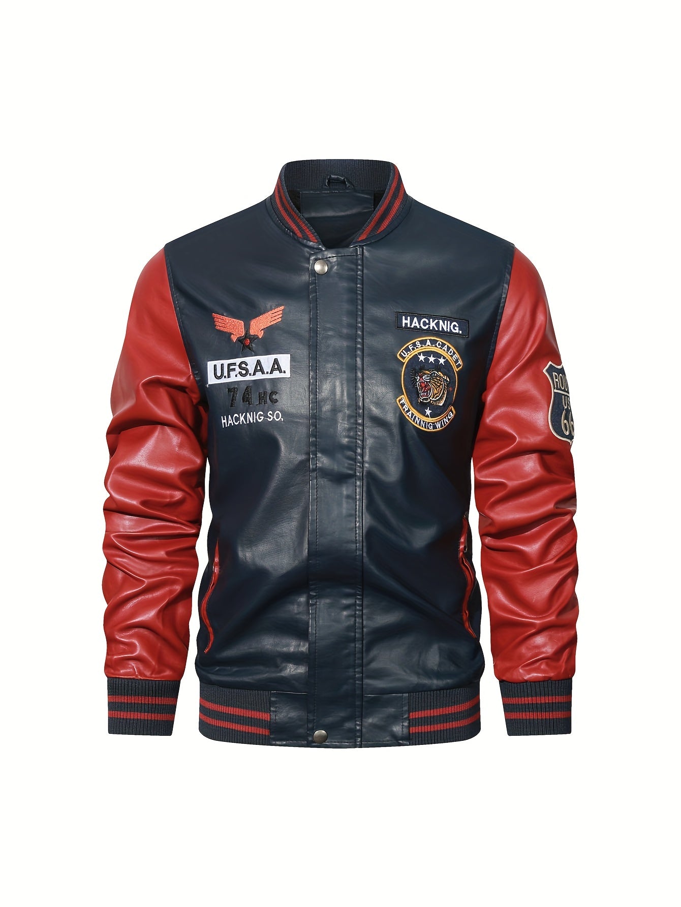 gbolsos Men's Casual Pockets "R" Print Zipper Long Sleeves Baseball Collar PULeather Jacket