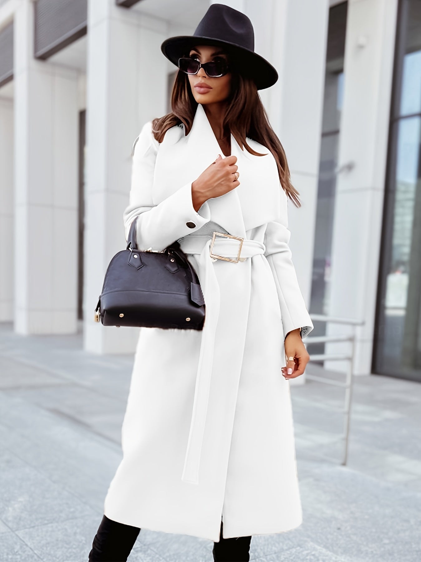 gbolsos Elegant Lapel Belt Long Coat, Casual Long Sleeve V-neck Fashion Loose Fall Winter Long Outerwear, Women's Clothing