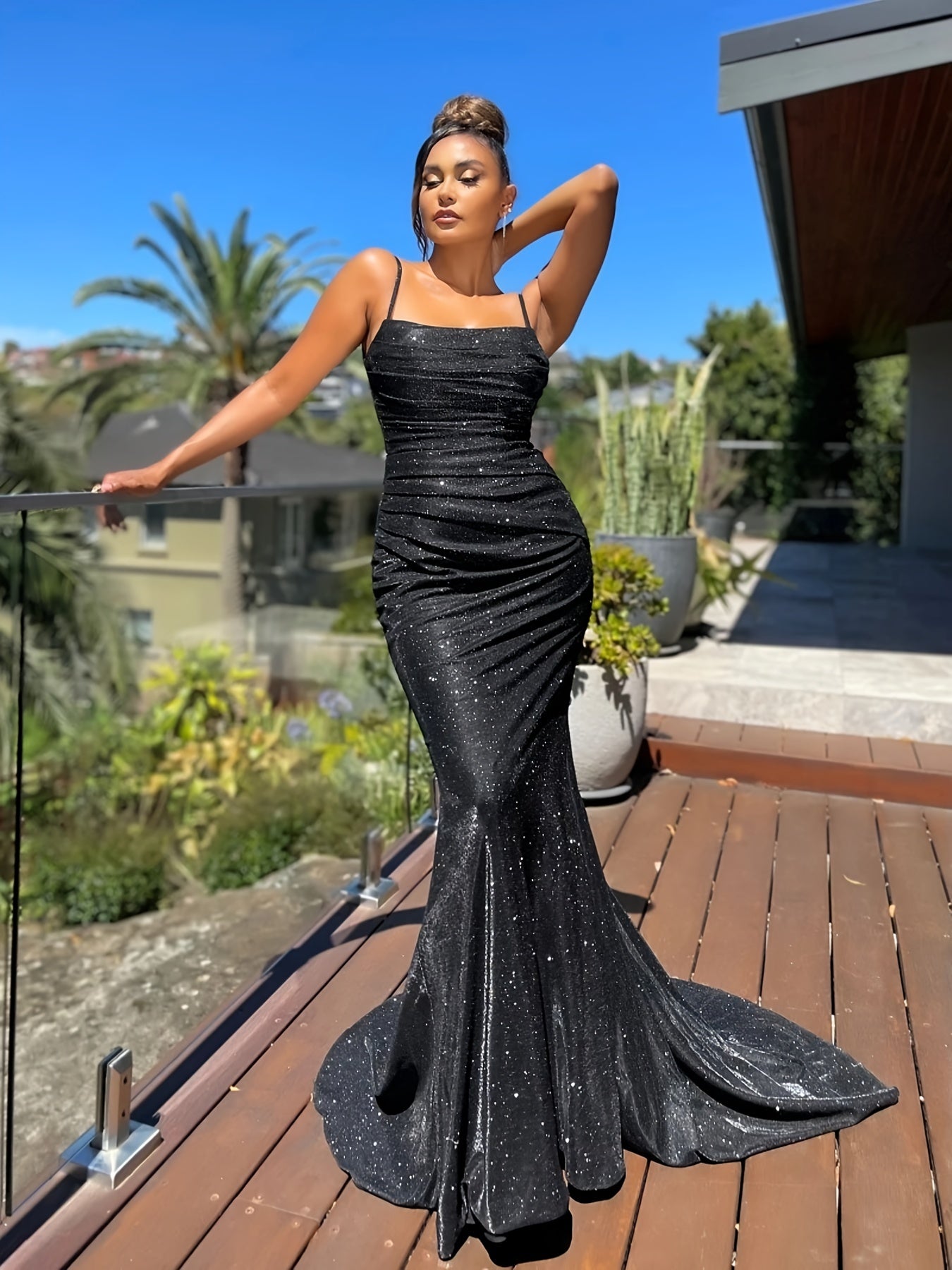 gbolsos Glitter Sequin Slip Sleeveless Backless Maxi Dress, Slim Elegant Ruffled Cocktail Party Guest Evening Gown Mermaid Dress, Women's Clothing