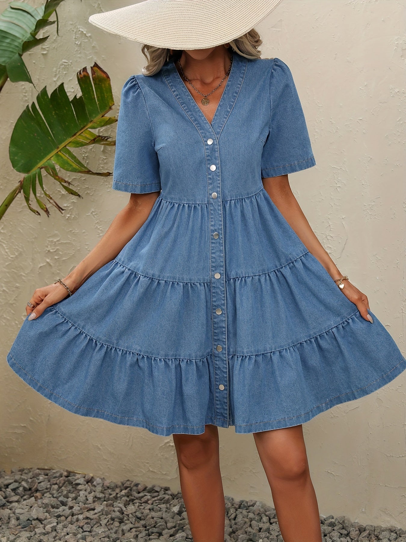 gbolsos Blue V Neck Denim Dress, Single-Breasted Button Puff Short Sleeves Ruffle Denim Dress, Women's Denim Clothing