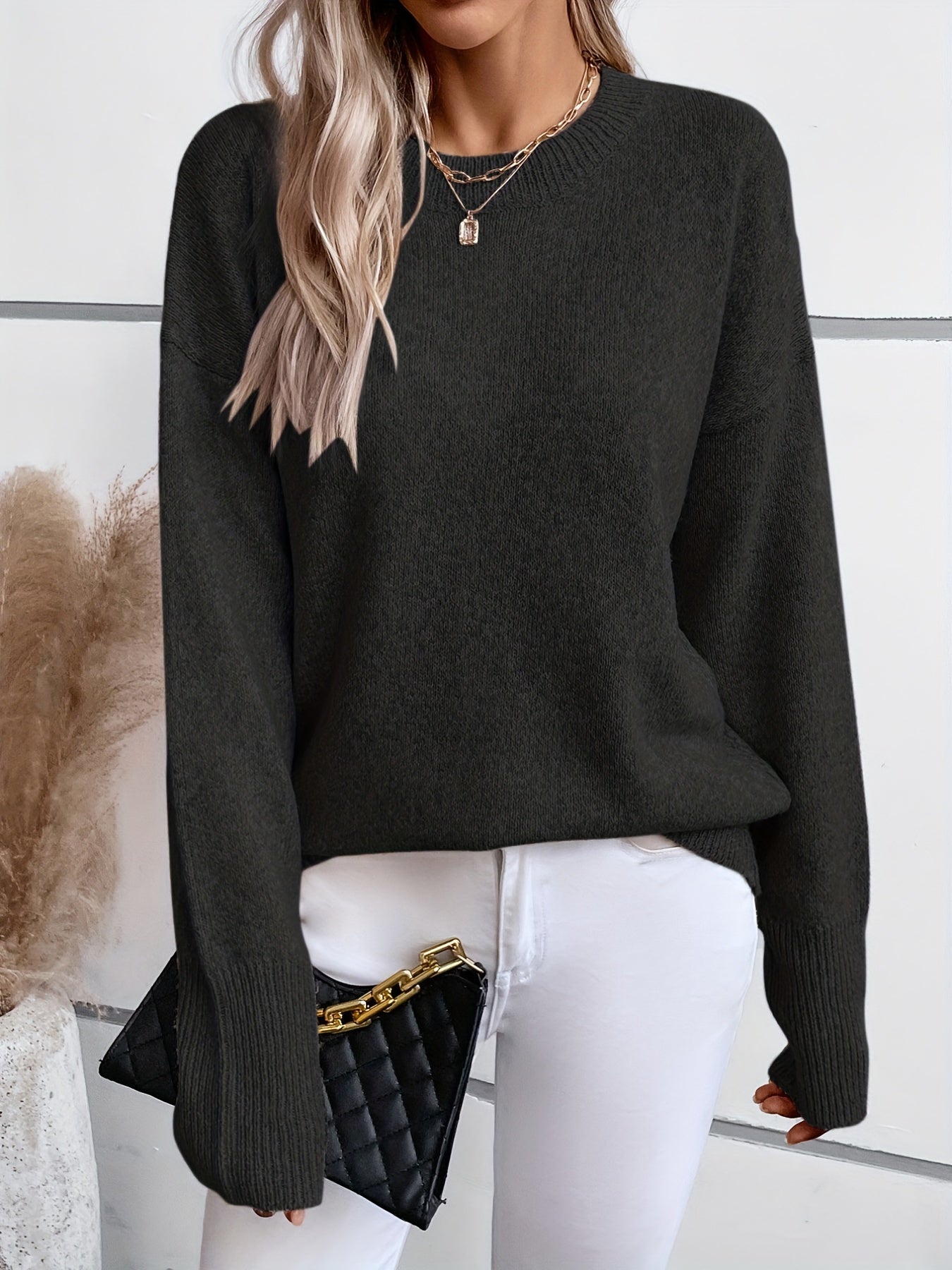 gbolsos Solid Crew Neck Pullover Sweater, Casual Long Sleeve Sweater For Fall & Winter, Women's Clothing