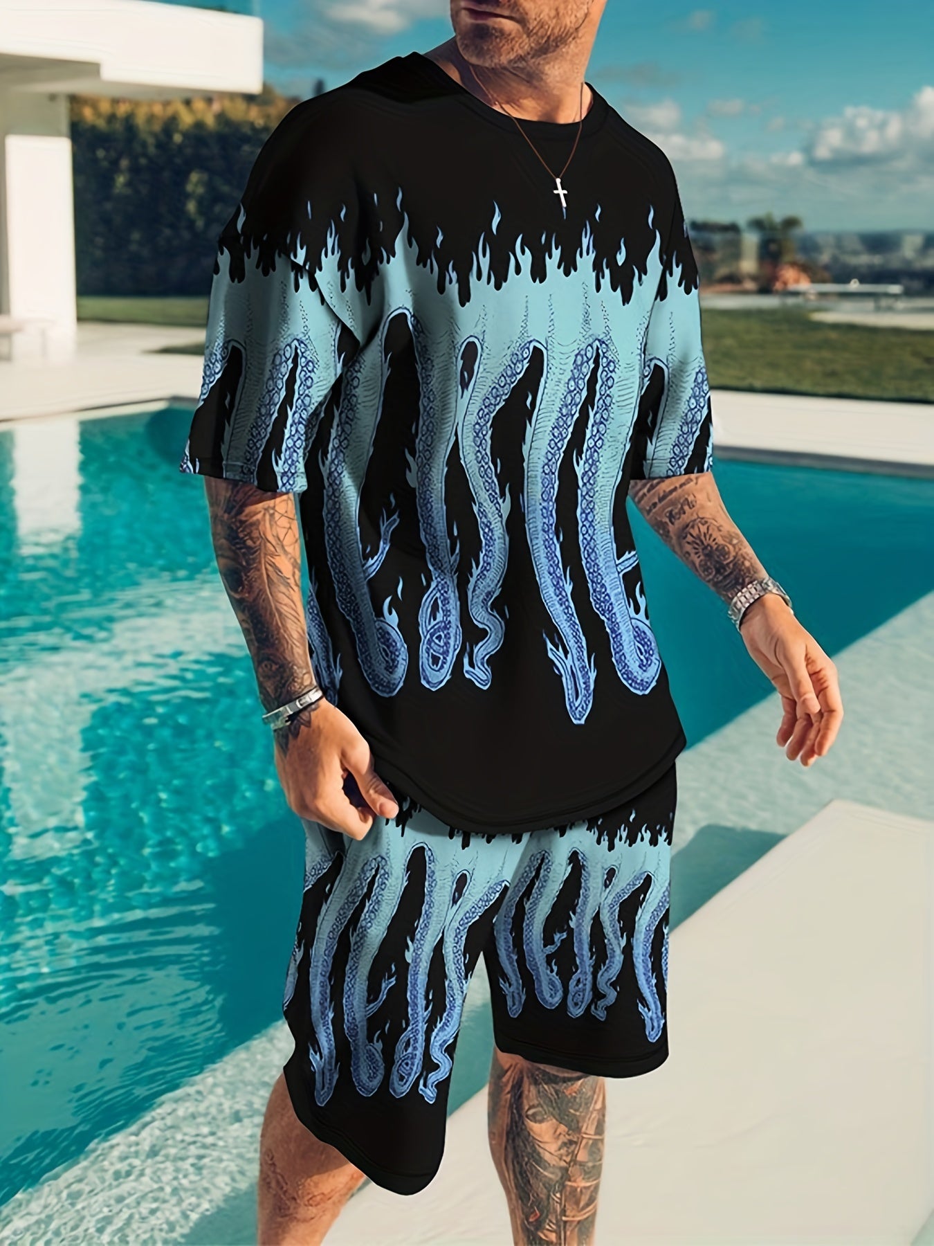 gbolsos Casual Two-Piece Set, Men's All Over Print Creative Snake Pattern T-shirt & Comfy Shorts Matching Set For Summer