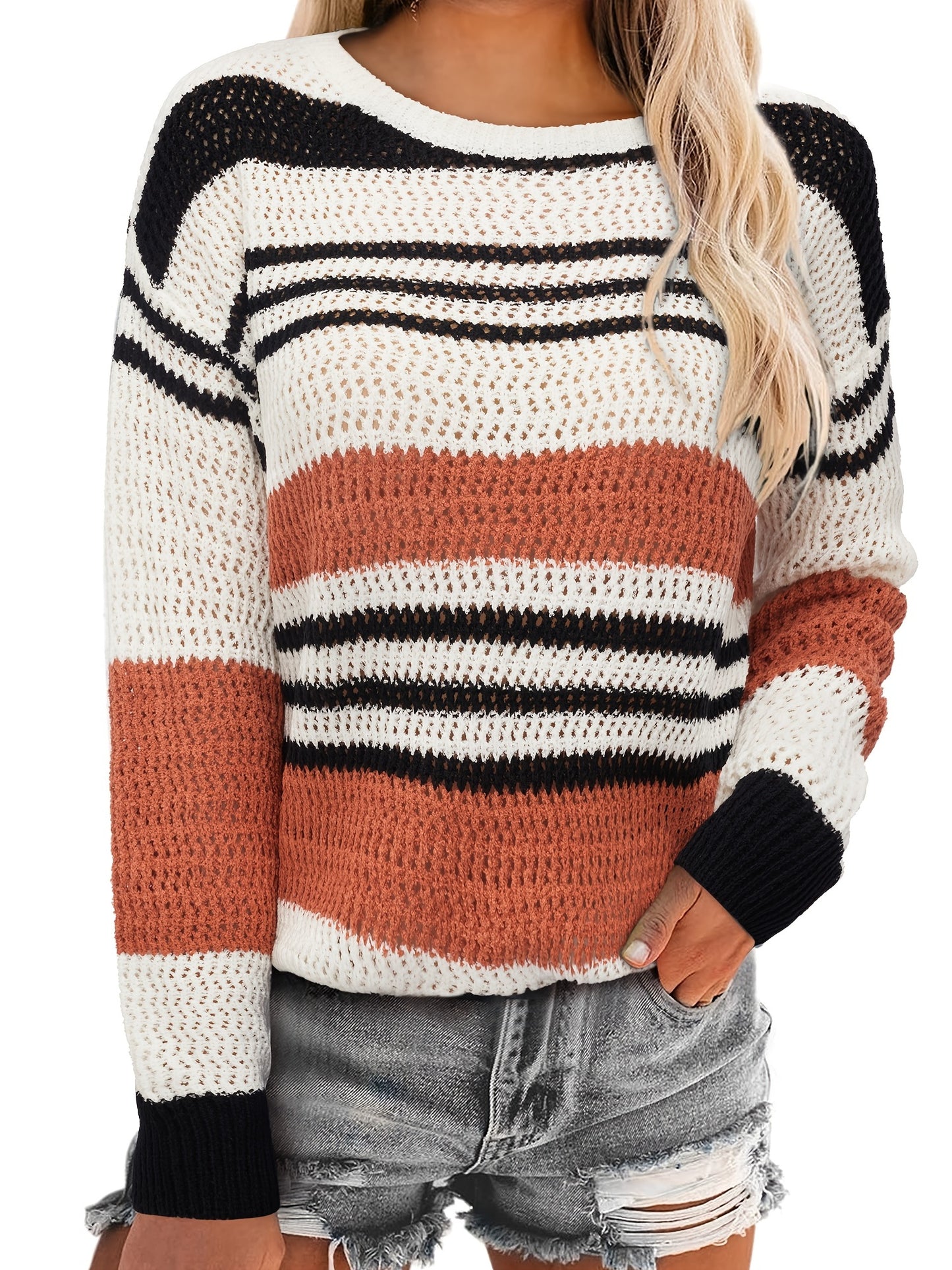gbolsos Striped Crew Neck Sweater, Casual Drop Shoulder Long Sleeve Loose Fall Winter Knit Sweater, Women's Clothing