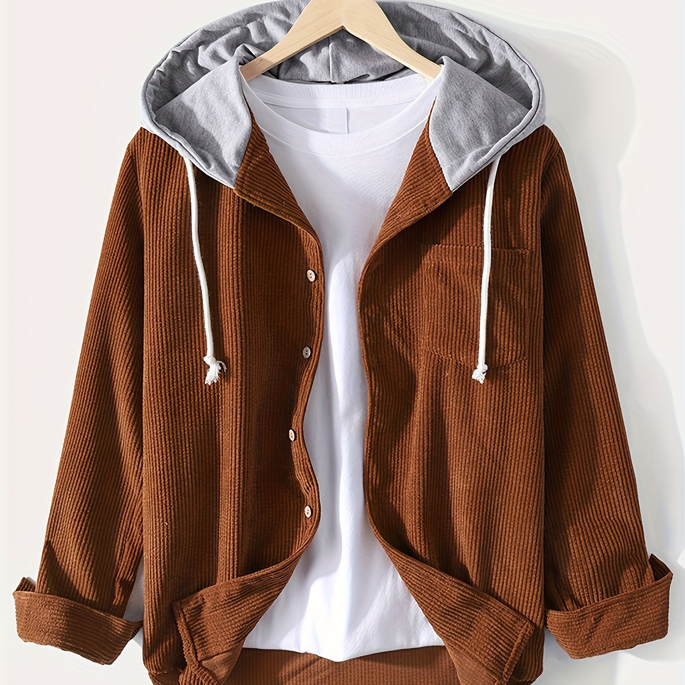 gbolsos Corduroy Men's Casual Comfy Long Sleeve Hooded Shirt, Men's Fall Winter Color Block Outwear