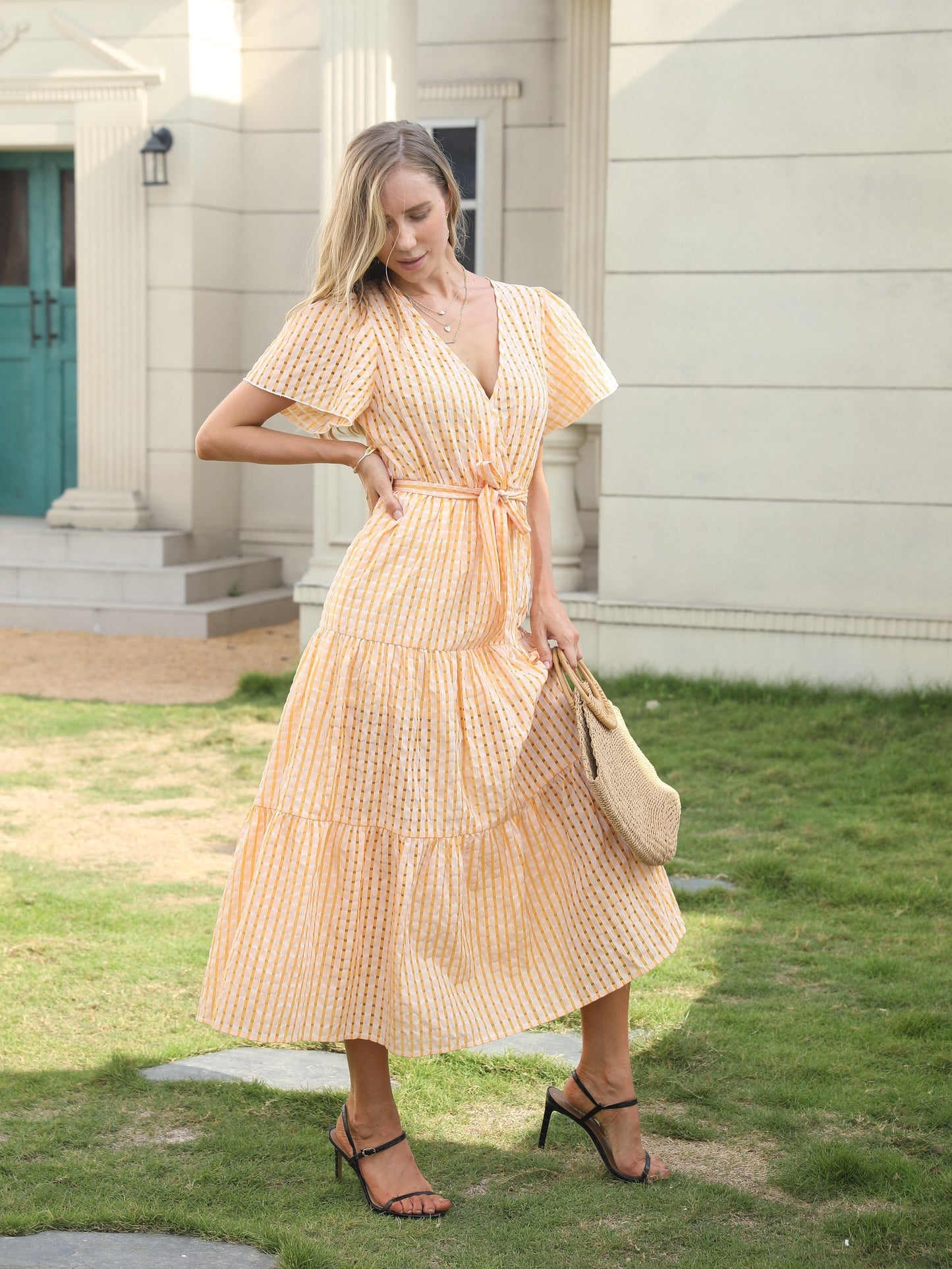 gbolsos Solid High Waist Dress, Casual Surplice Neck Short Sleeve Maxi Dress, Women's Clothing