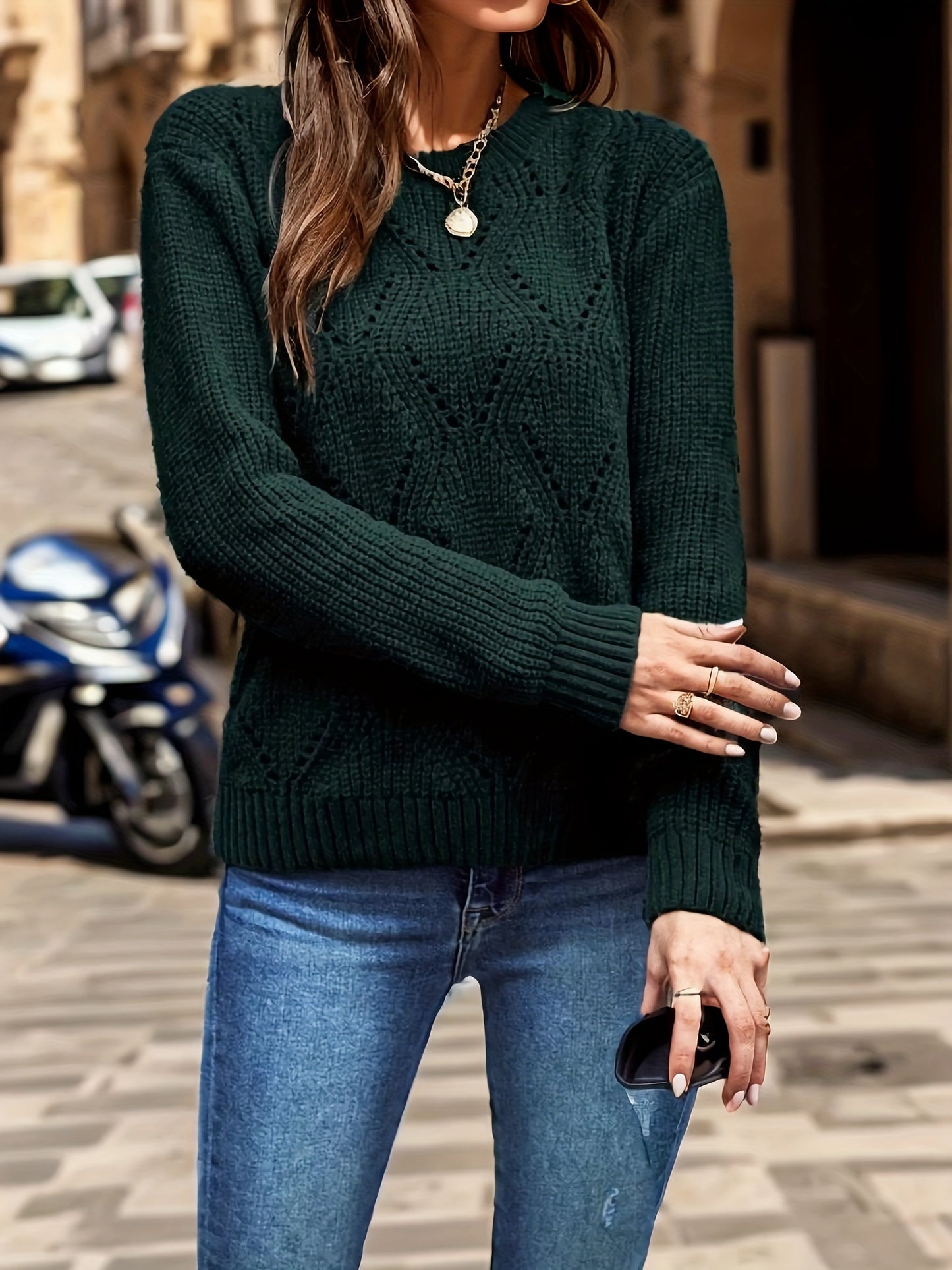 gbolsos Hollow Out Solid Knitted Sweater, Long Sleeve Crew Neck Casual Sweater For Spring & Fall, Women's Clothing