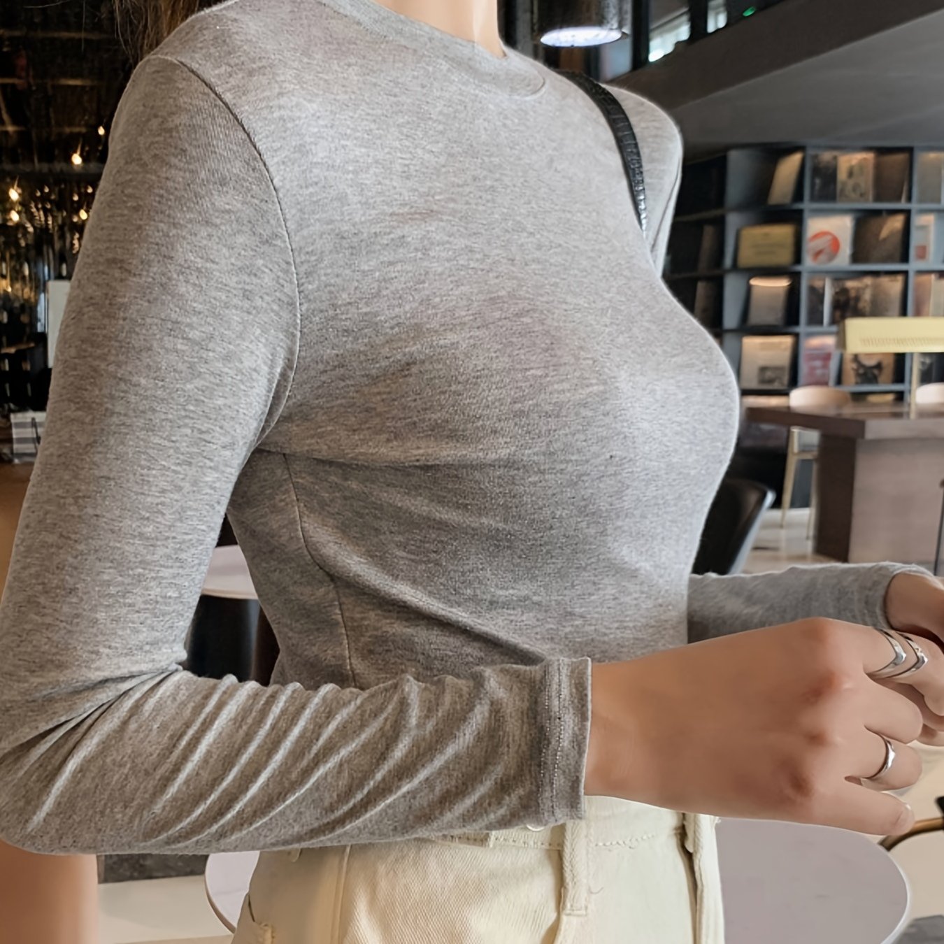 gbolsos Solid Slim T-Shirt, Crew Neck Long Sleeve Stretchy T-Shirt, Casual Every Day Tops, Women's Clothing