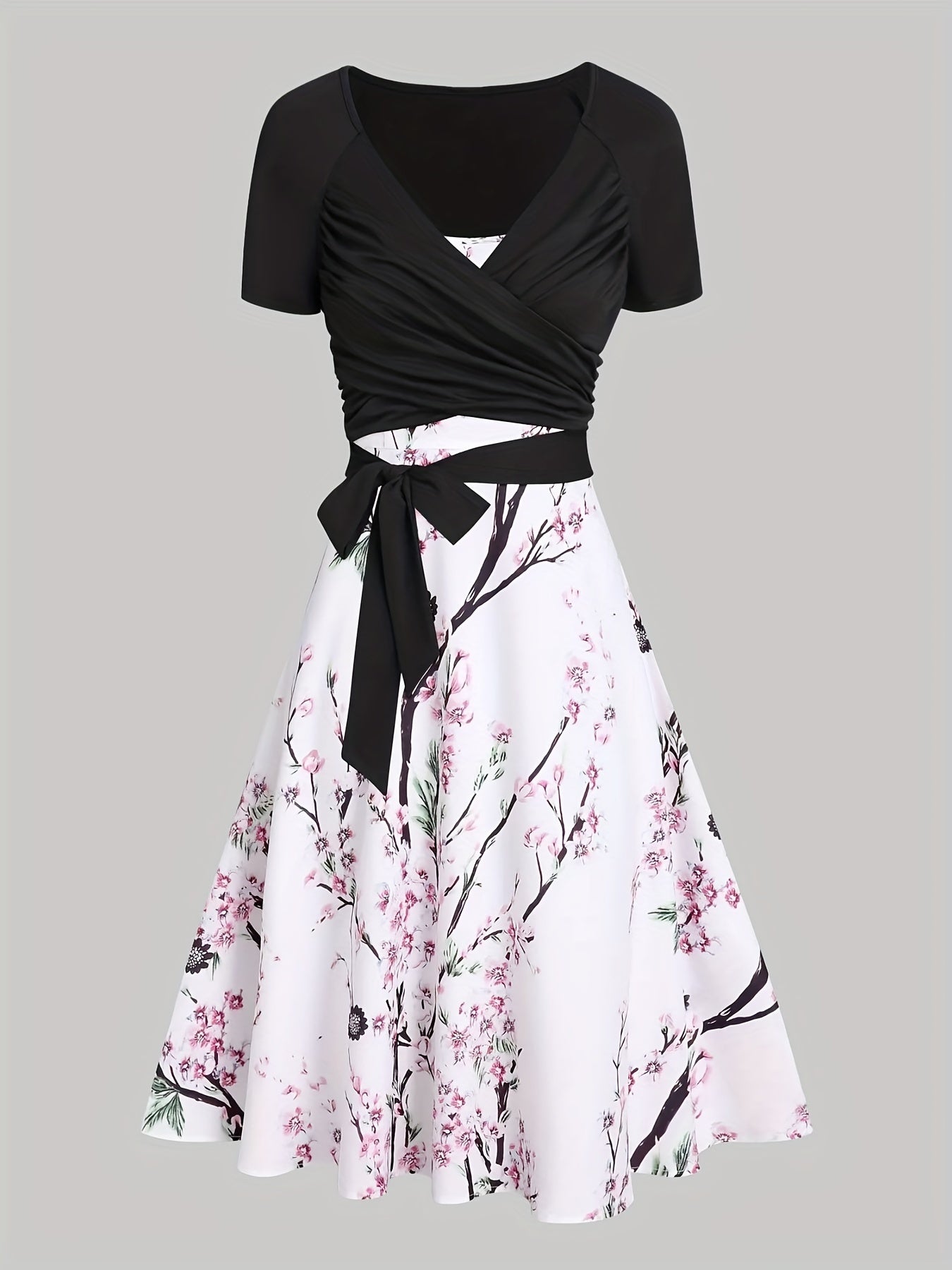 gbolsos Elegant Two-piece Skirt Set, Short Sleeve Surplice Neck Belted Top & Floral Print Flared Skirt Outfits, Women's Clothing