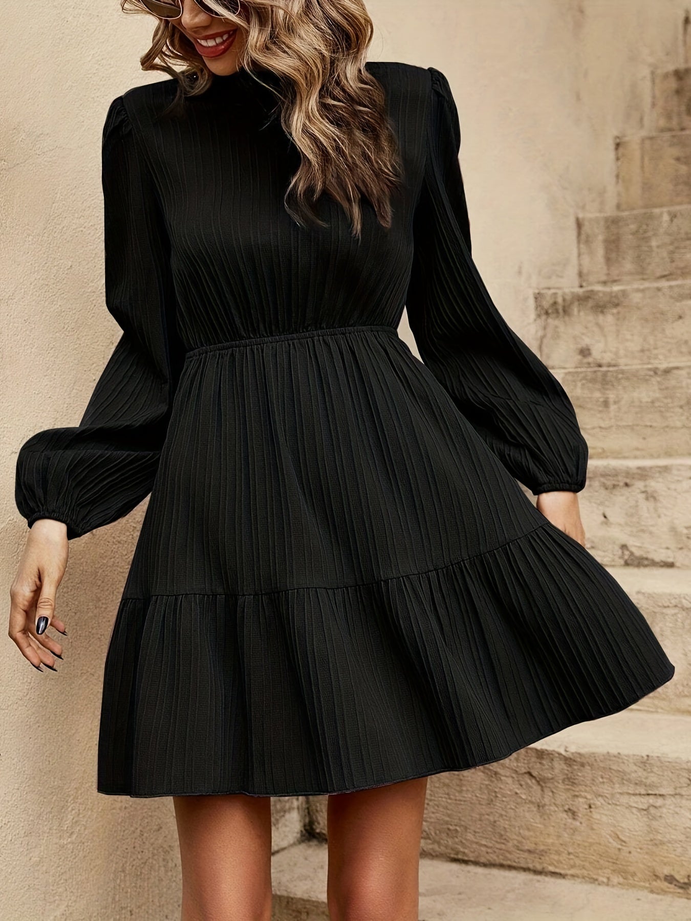 Solid Color Lantern Sleeve Dress, Casual Crew Neck Cinched Waist Dress For Spring & Fall, Women's Clothing