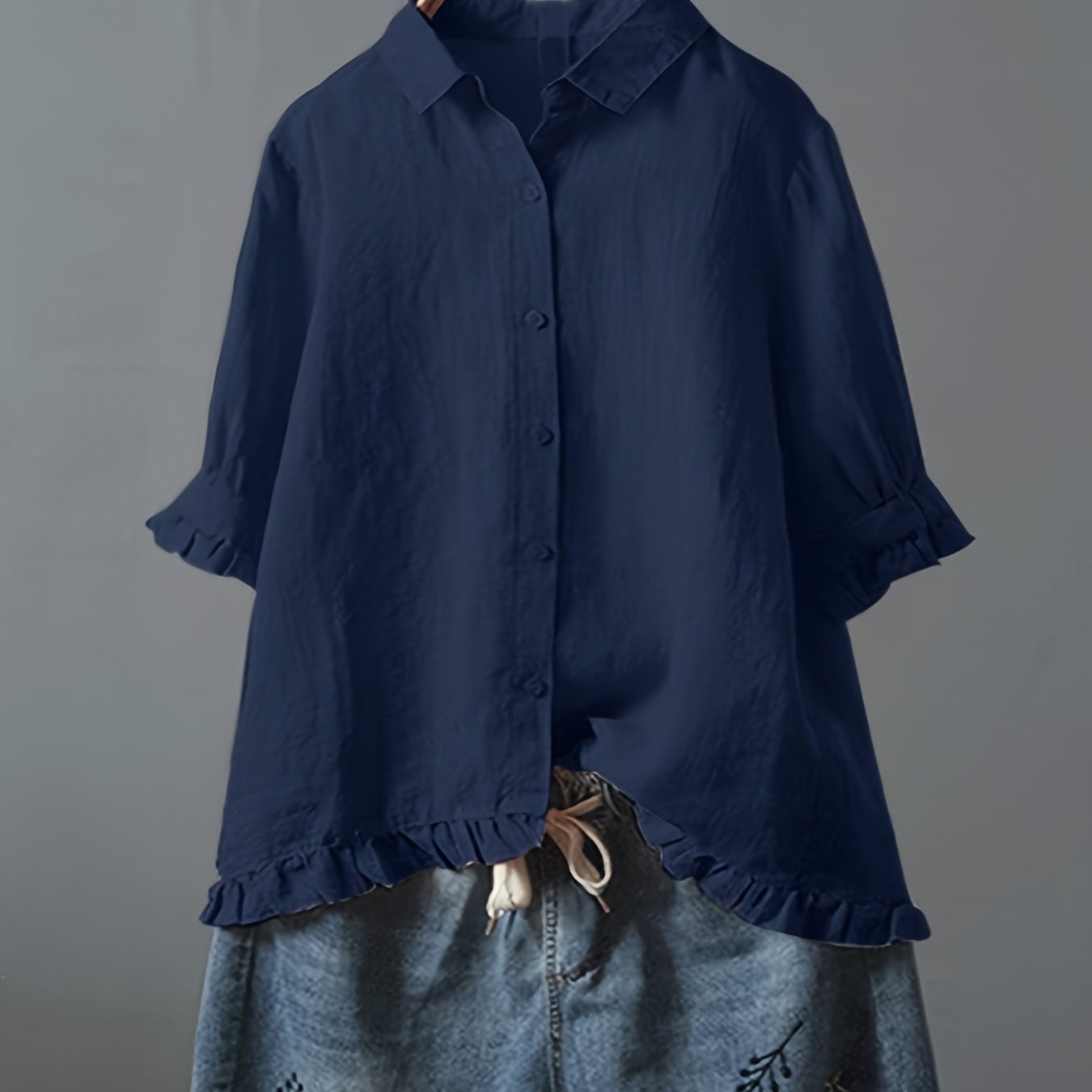 Solid Ruffle Trim 3/4 Sleeve T-Shirt, Casual All-Seasons Tops, Women's Clothing
