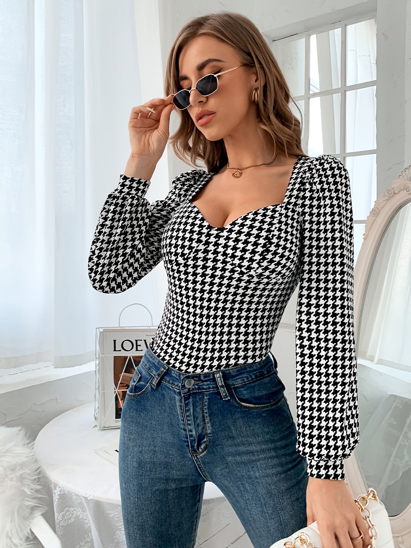 gbolsos Off The Shoulder Elegant Lantern Sleeve T-Shirt, Houndstooth Print Top For Autumn And Winter, Women's Clothing